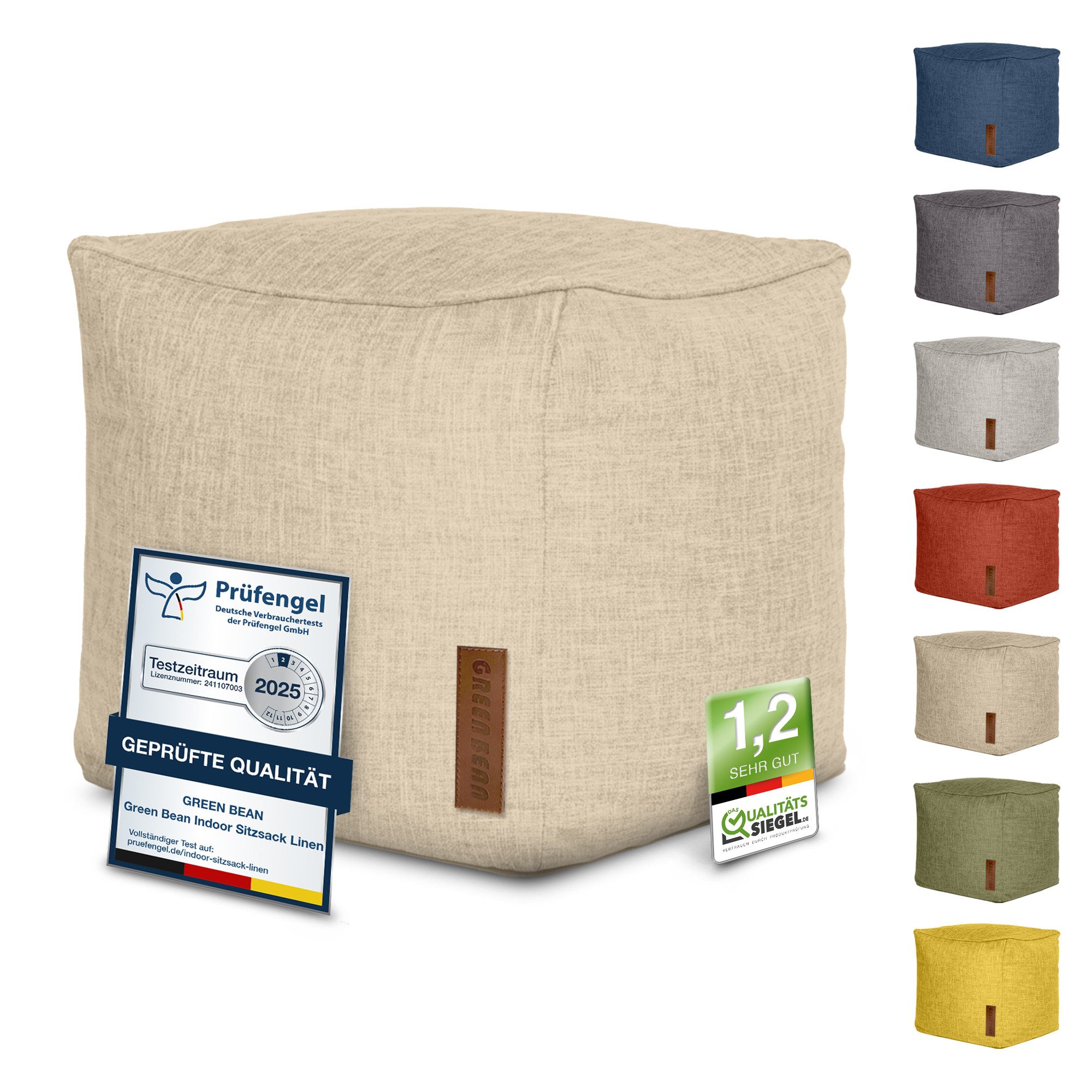 Green Bean Pouf Cube Linen (Indoor Sitzhocker Sitzkissen Fußhocker Relax-Sessel, Made in Germany), die ideale Ergänzung zum Sitzsack