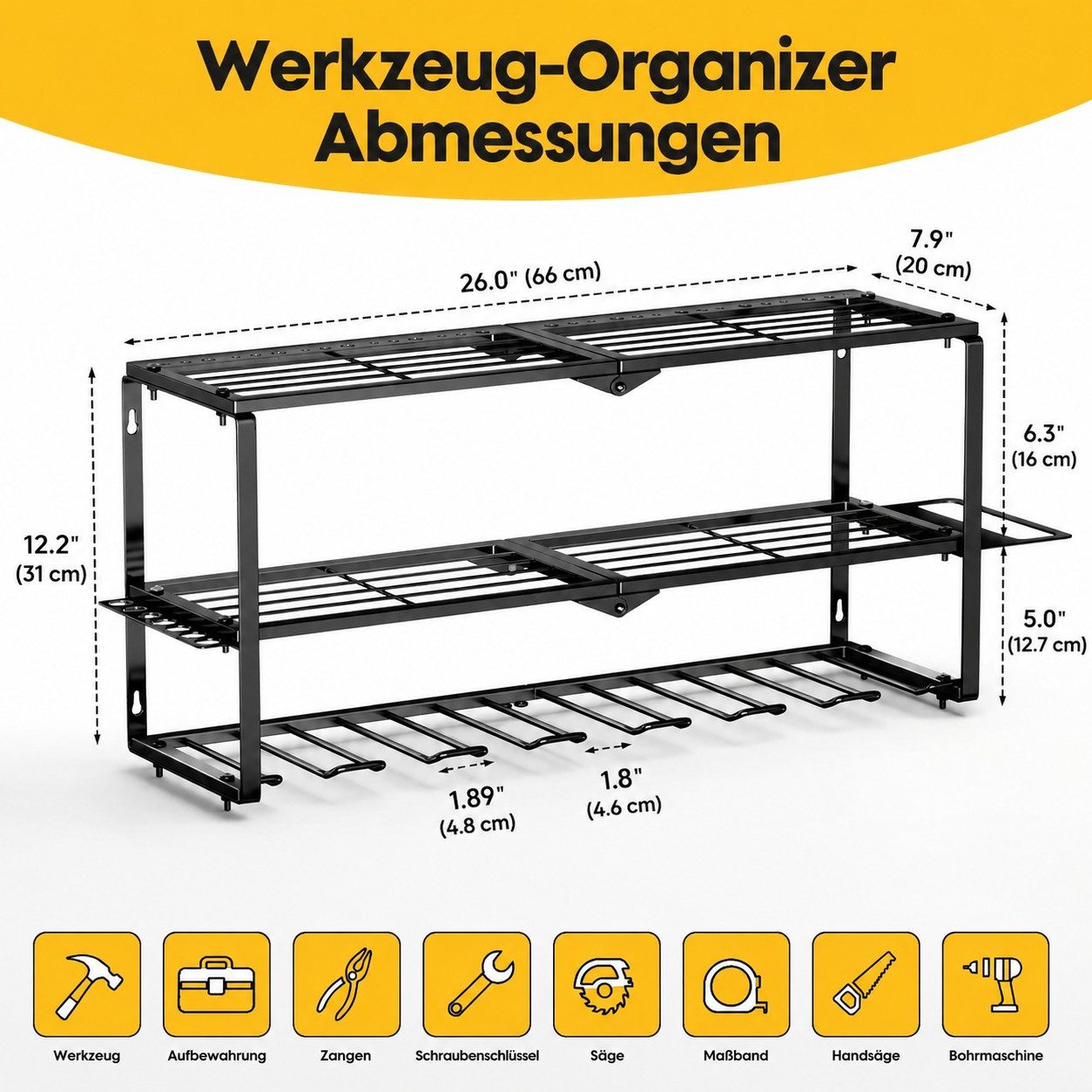 Fyrove Werkzeughalter Wand Metall, 3 Etagen Werkzeugregal für Garage und Werkstatt, 66×20×31cm, Akkuschrauber Halterung mit Bohrmaschinenhalter und Zubehörablag – Bild 2 von 5