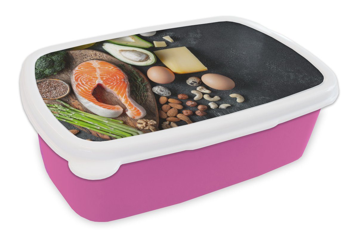 MuchoWow Lunchbox Fleisch - Eier - Obst - Käse - Kräuter, Kunststoff, (2-tlg), Brotbox für Erwachsene, Brotdose Kinder, Snackbox, Mädchen, Kunststoff rosa