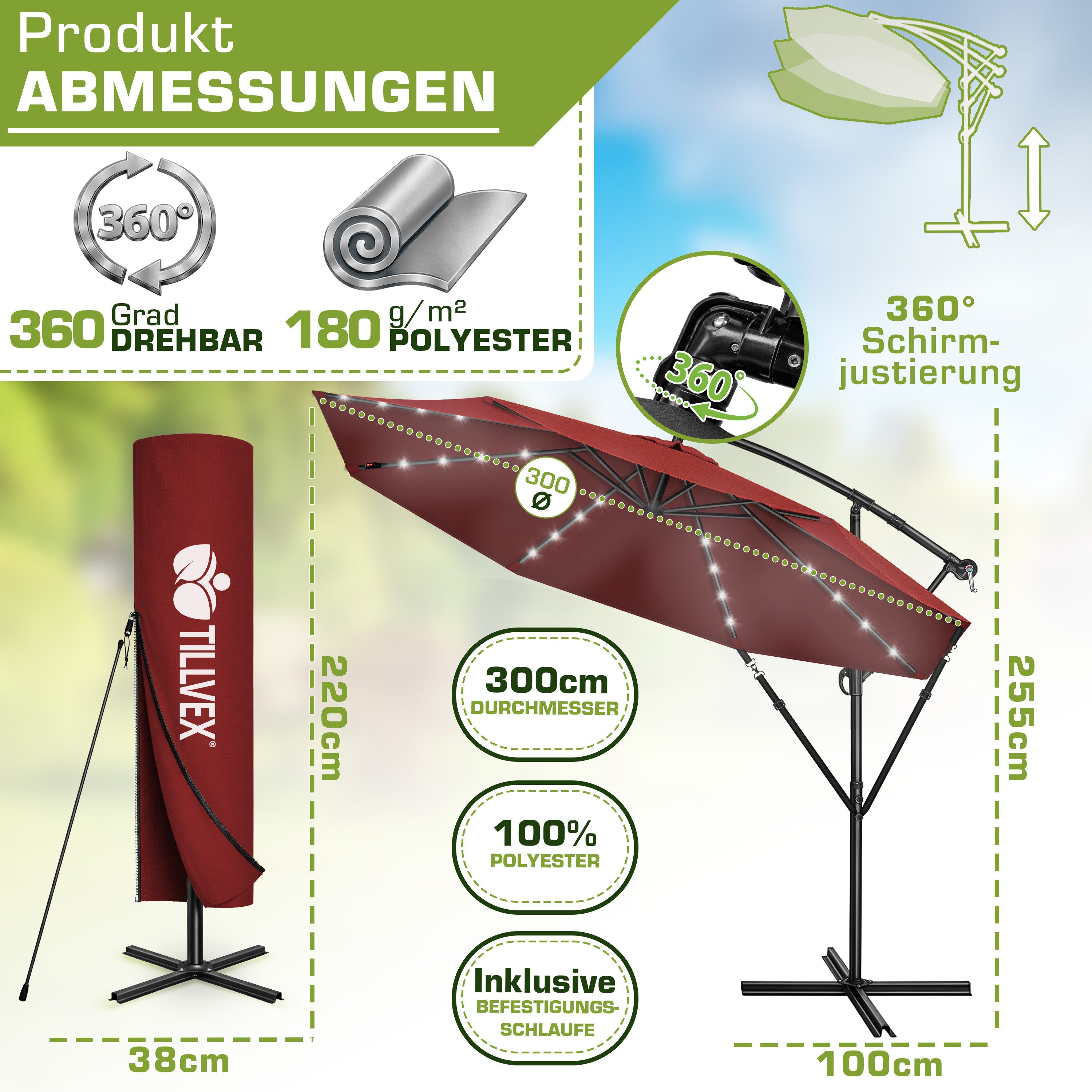 tillvex Sonnenschirm tillvex® Sonnenschirm LED Solar Ø 3m Ampelschirm Balkon Gartenschirm, Alu Ampelschirm + Abdeckung LED Solar Ø 350 cm mit Kurbel, Abdeckung + Ständer, Gartenschirm UV-Schutz Aluminium, Kurbelschirm Marktschirm wasserdicht 360° drehbar