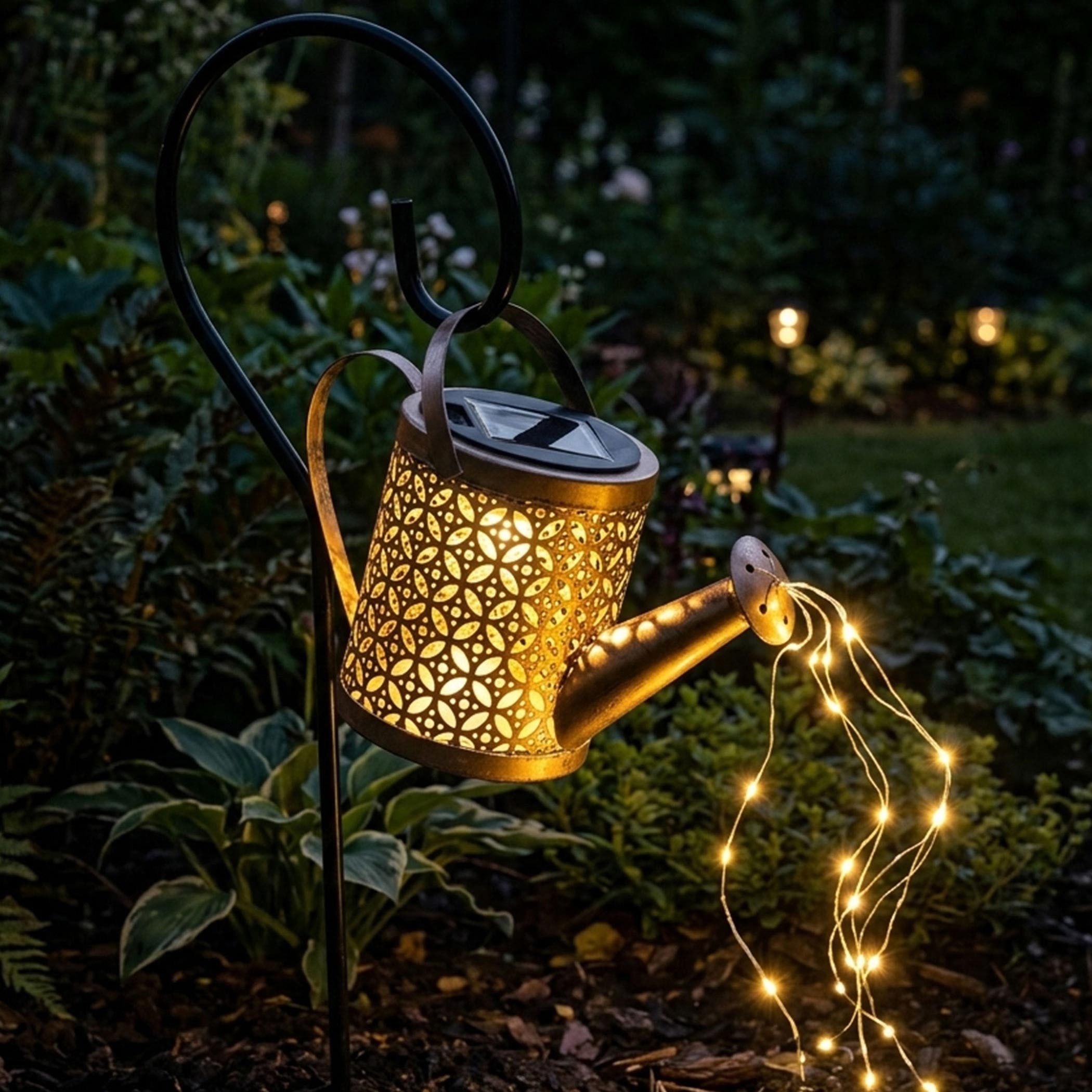 Spetebo LED Solarleuchte LED Solar Gießkanne mit Erdspieß - 21 x 16 cm, Ein-/Ausschalter, LED fest integriert, warm weiß, Garten Deko Beleuchtung 40 LED in warm weiß