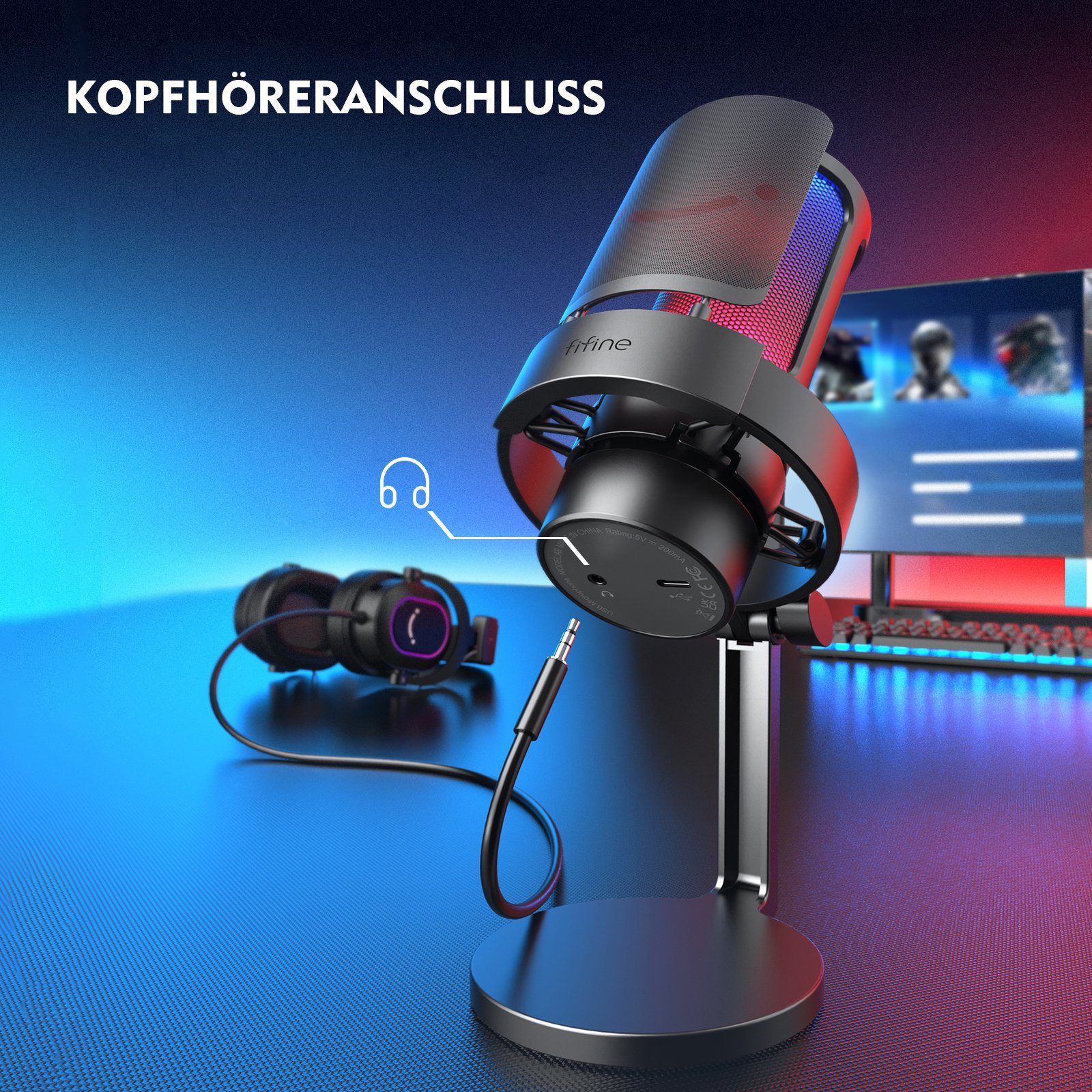FIFINE Mikrofon USB Mikrofon Gaming Kondensator PC Podcast Studio Mikrofon, mit RGB-Steuerung, Stummschalter, Kopfhöreranschluss, Popfilter – Bild 4 von 5