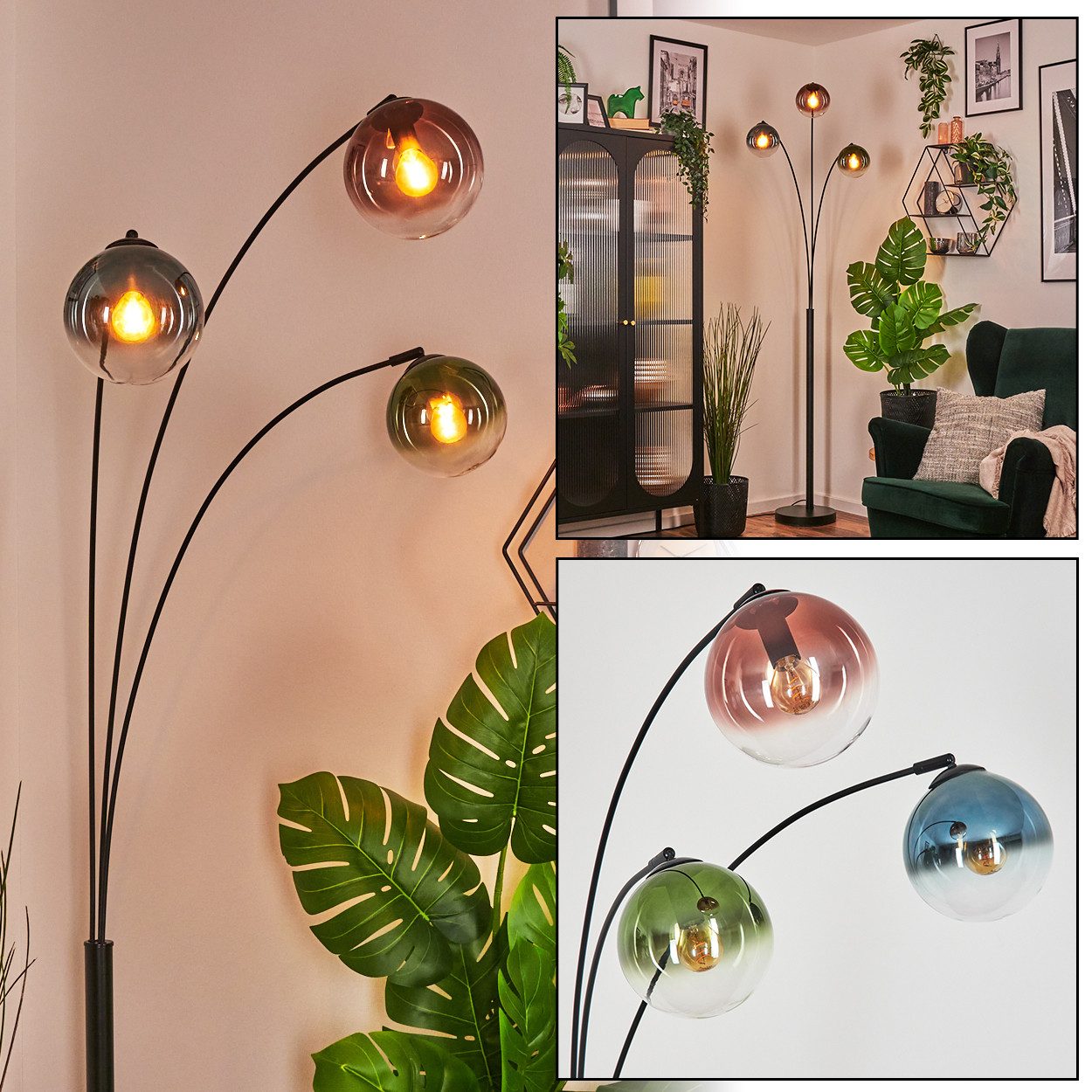 hofstein Stehlampe Stehlampe aus Metall/Glas in Schwarz/Blau/Grün/Kupfer/Klar, verstellbare Stehleuchte im Vintage-Design, Fußschalter, 210 cm, 3xE14
