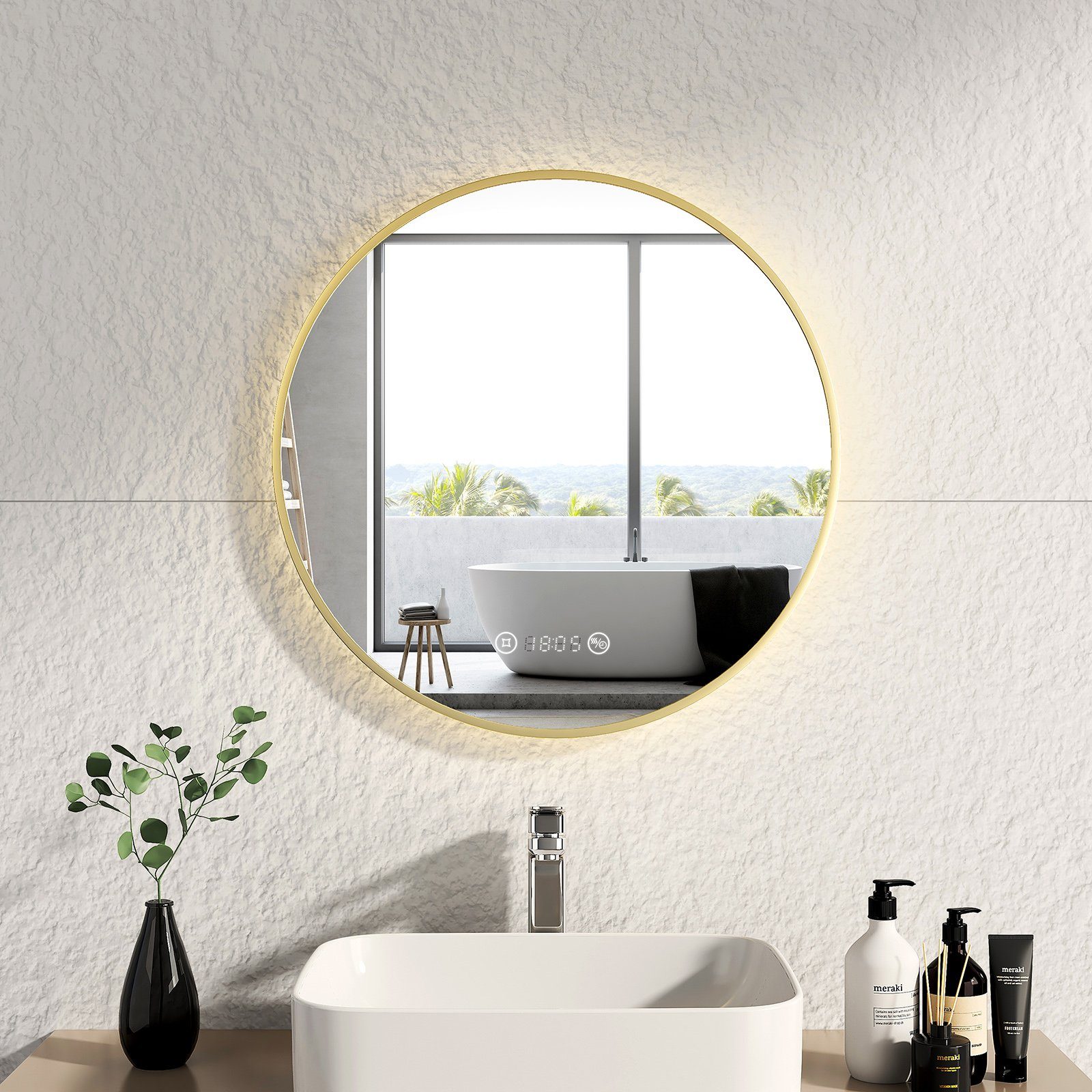 EMKE Badspiegel EMKE LED Badspiegel Rund Spiegel mit Beleuchtung Gold, mit Touch, Antibeschlage, Uhr, Temperatur, Dimmbar, Memory-Funktion