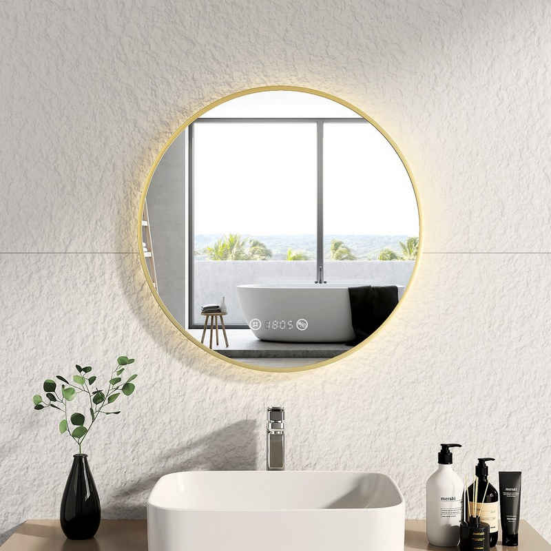 EMKE Дзеркало для ванної кімнати EMKE LED Дзеркало для ванної кімнати Rund Дзеркало mit Beleuchtung Gold, mit Touch, Antibeschlage, Uhr, Temperatur, Dimmbar, Memory-Funktion