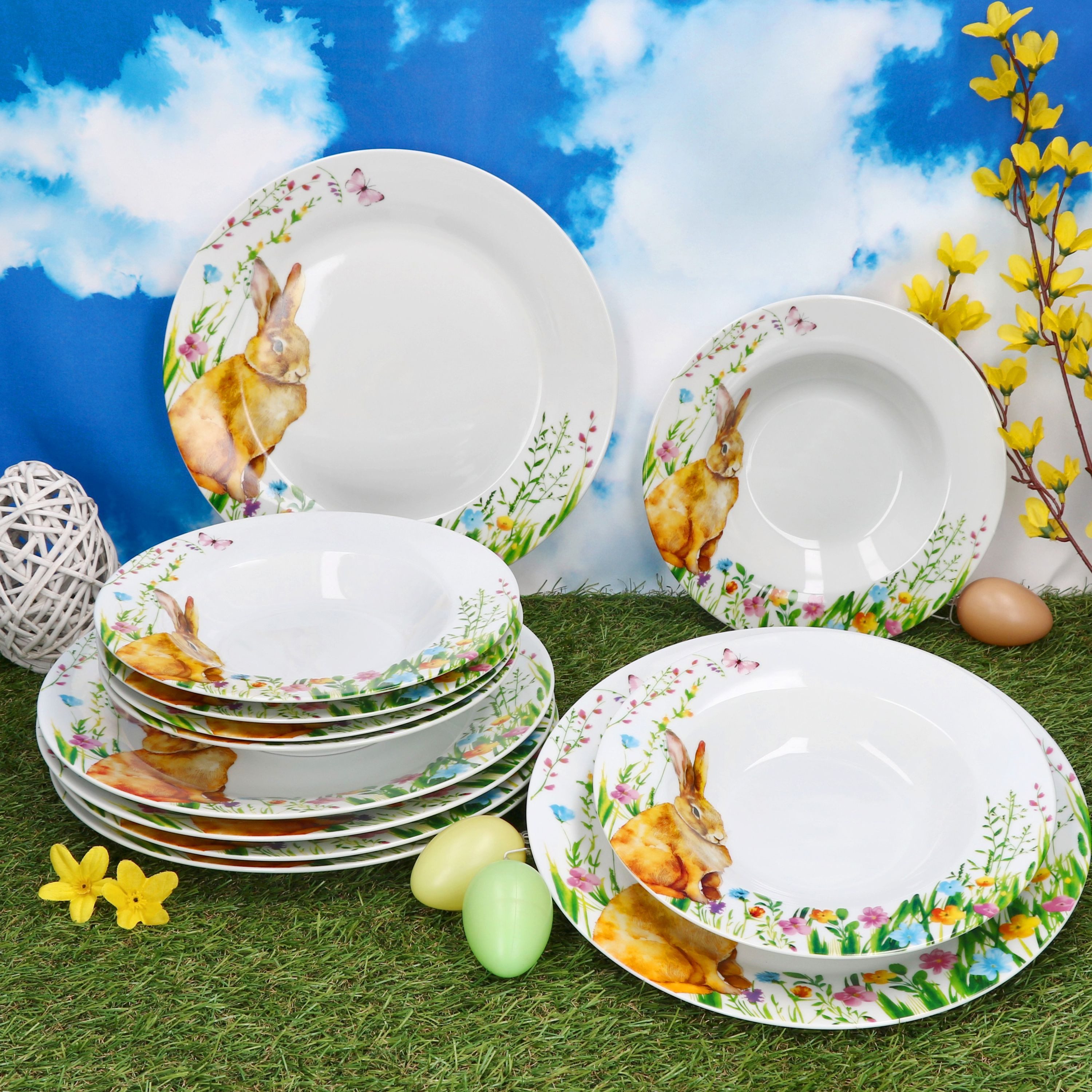 MamboCat Tafelservice 12tlg Tafelservice Osterfreude Porzellan 6 Personen Hase, Porzellan