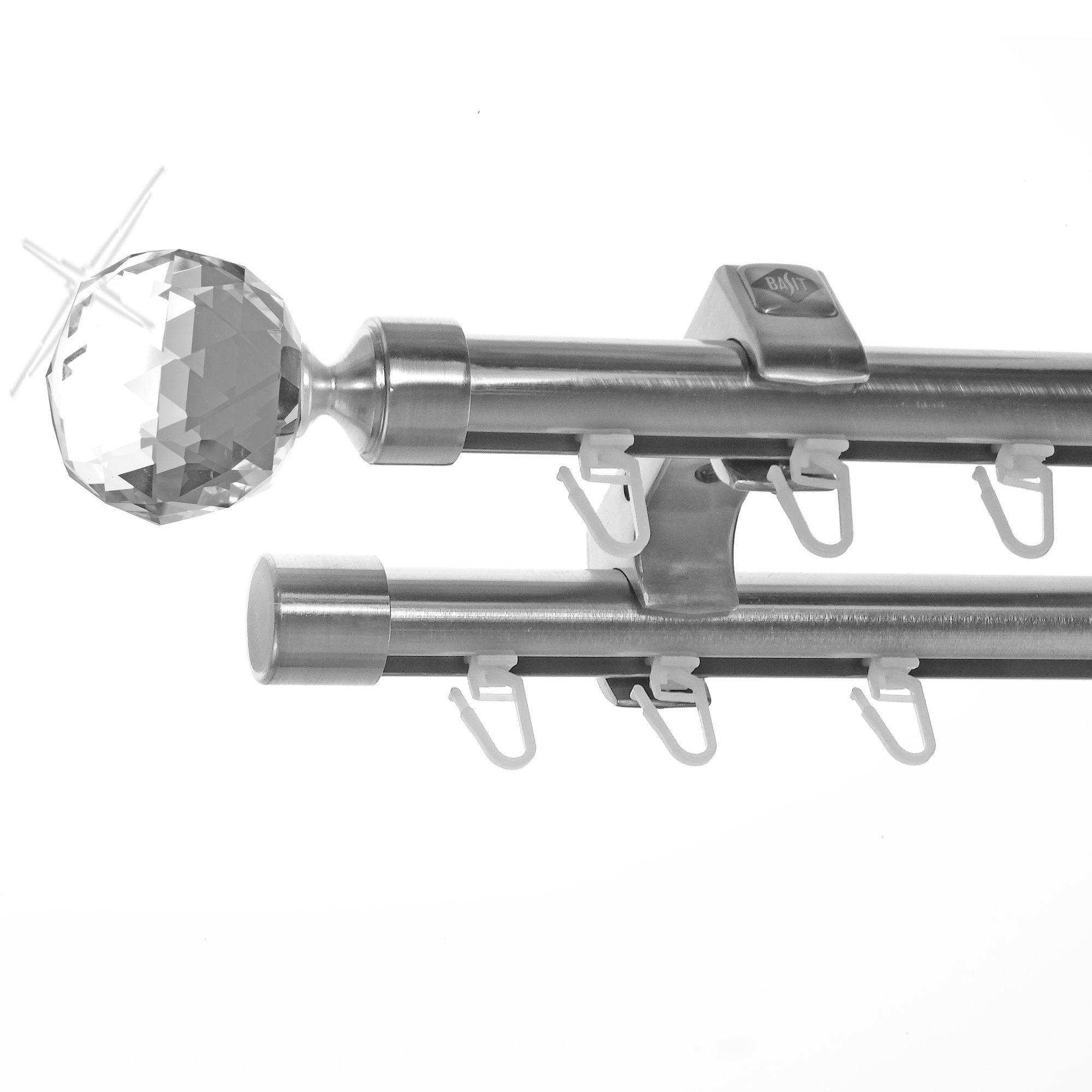 BASIT Gardinenstange Innenlauf Edelstahloptik 20mm mit Deckenträgern 120 cm E87, Ø 20 mm, 2-läufig, verschraubt, Aluminium, D60II 120 cm E87 Kristall Kugel