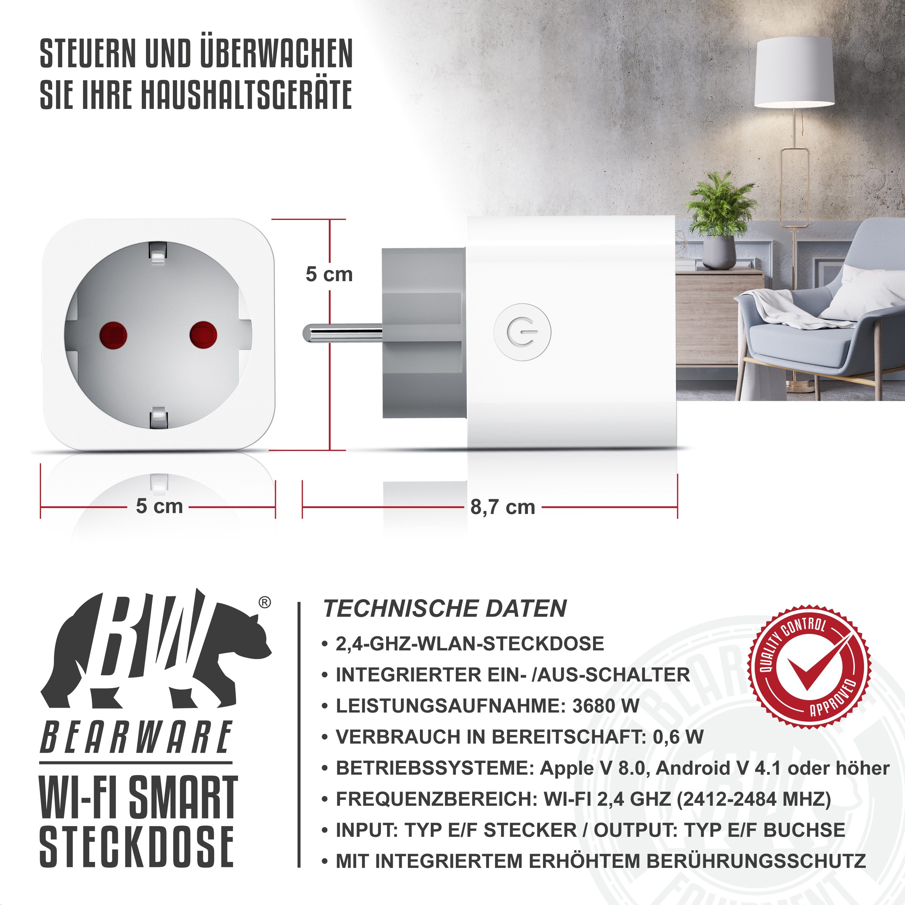 BEARWARE WLAN-Steckdose mit Strommessung, 2,4Ghz WiFi Fernsteuerung per App, Sprachsteuerung, 1-St., Zeitschaltuhr, Energiekostenmessgerät, Smart life App, Timer
