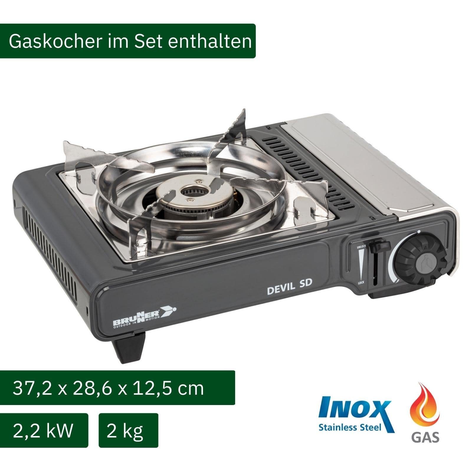 BRUNNER Gaskocher BRUNNER DEVIL SD NG Camping Gaskocher Set Zündsicherung, Vielseitig, (Gaskocher + Grillplatte)