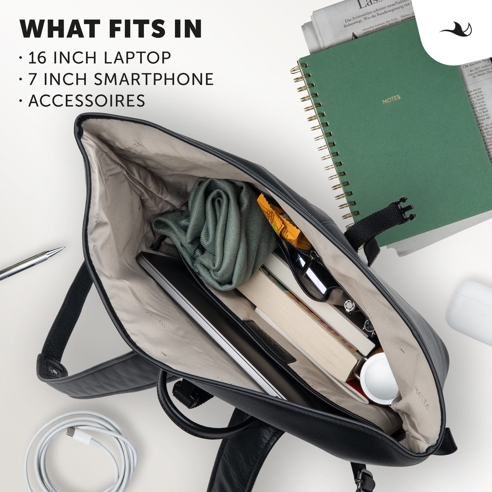 MANTA Laptoprucksack Echtleder Rolltop Backpack, Kurierrucksack, mit 16-Zoll Laptopfach, Echtes Leder