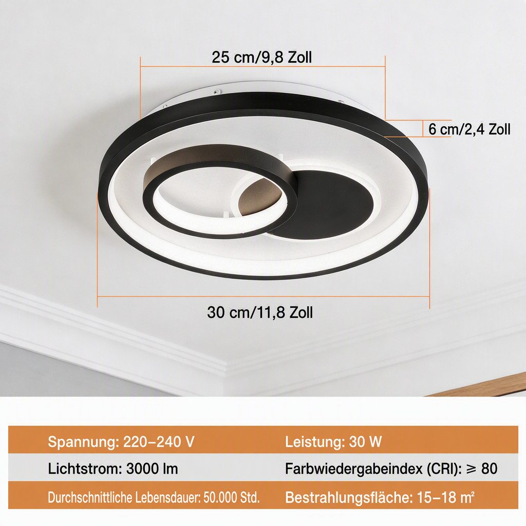 BlingBin LED Deckenleuchte Ø30cm Dimmbar Deckenlampe 30W, Runde 3000LM, 30W, LED fest integriert, Neutralweiß, Warmweiß, Kaltweiße, LED fest integriert, 3000-6500k, Modern Runde Wohnzimmer Schlafzimmer