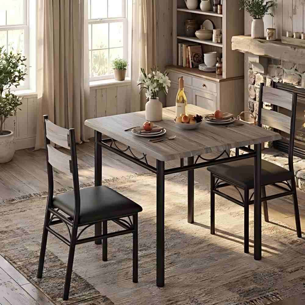 GarveeMore Essgruppe Essgruppe (3-teilig) mit Tisch und Stühlen für zwei Personen, 70 x 70 x 75 cm Stabiles Metallgestell für Küche Wohnung kleine Räume