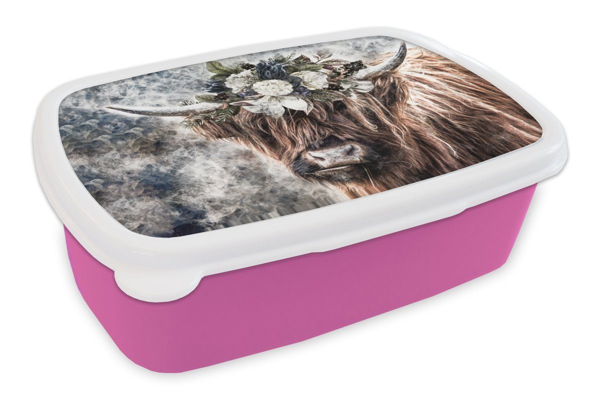 MuchoWow Lunchbox Schottische Highlander - Blumen - Nebel, Kunststoff, (2-tlg), Brotbox für Erwachsene, Brotdose Kinder, Snackbox, Mädchen, Kunststoff rosa