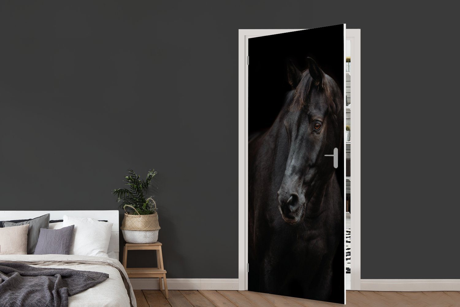 MuchoWow Türtapete Pferd - Leicht Schwarz, bedruckt, Fototapete Tür, für Matt, 75x205 cm Türaufkleber, - St), (1