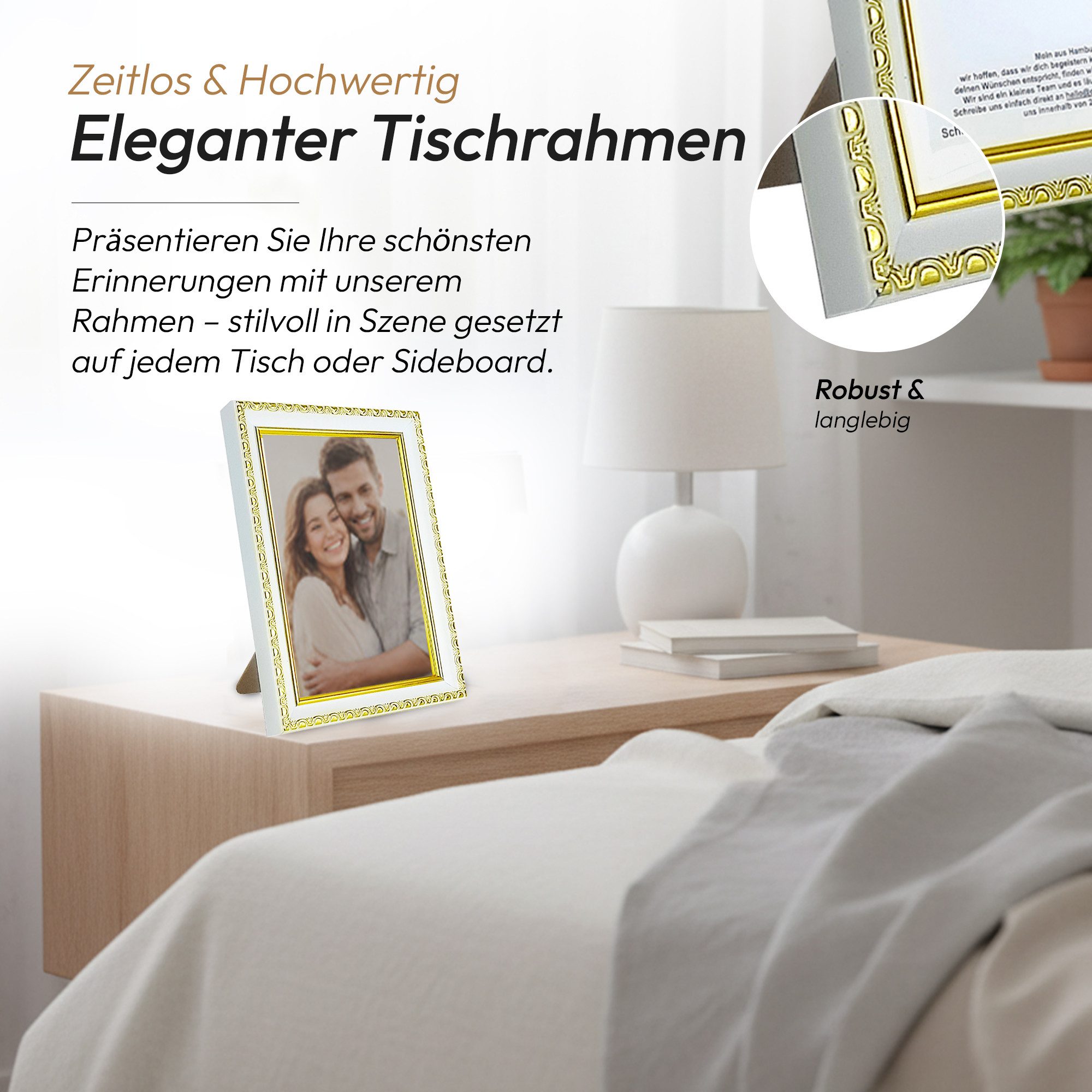 CABBEL Bilderrahmen CELI Barock Vintage Rahmen Antik Look Fotorahmen Fotos Poster Urkunde, für 1 Bilder, Elegant für Wohnzimmer, Büro, Gold / Weiß, Dekorativer Fotorahmen