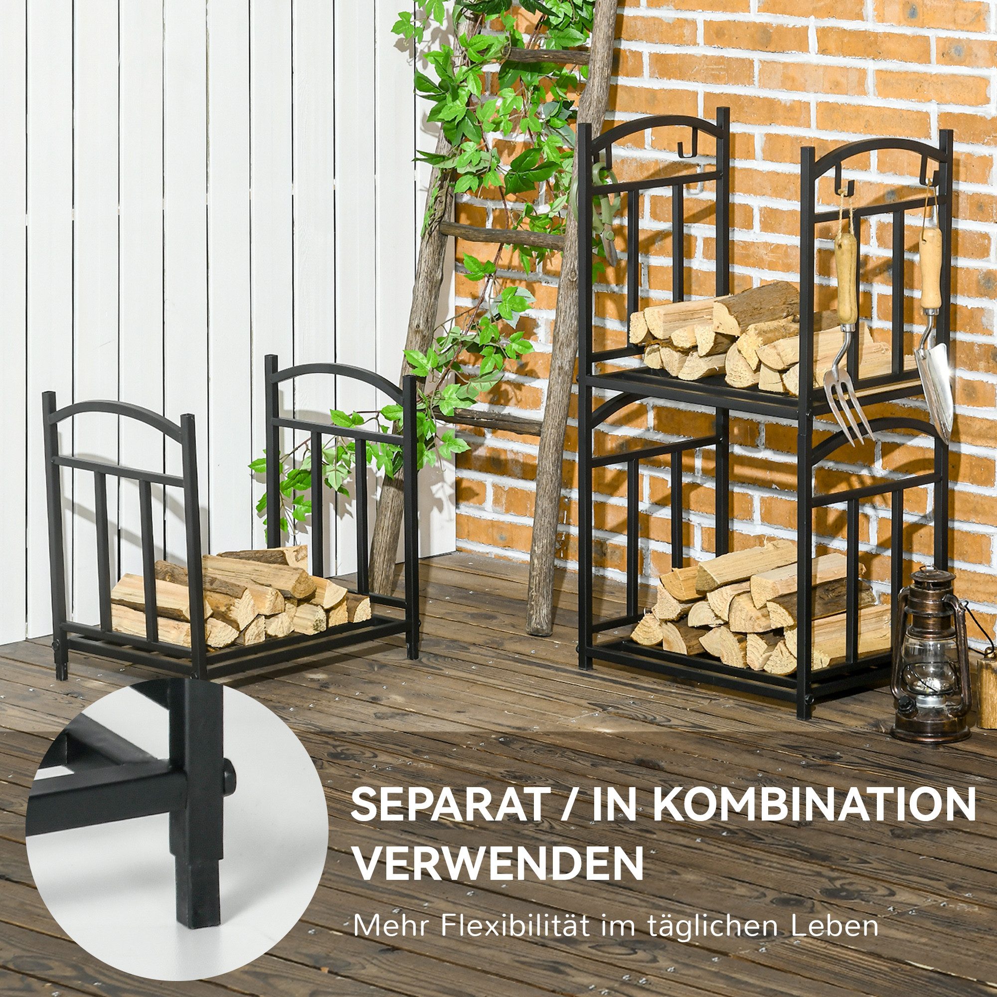 Outsunny Kaminholzregal Brennholzregal, BxTxH:46x32x126 cm, (3 flexible Ebenen, 1-St., obere Haken und Griffe), Metall, Schwarz – Bild 4 von 5