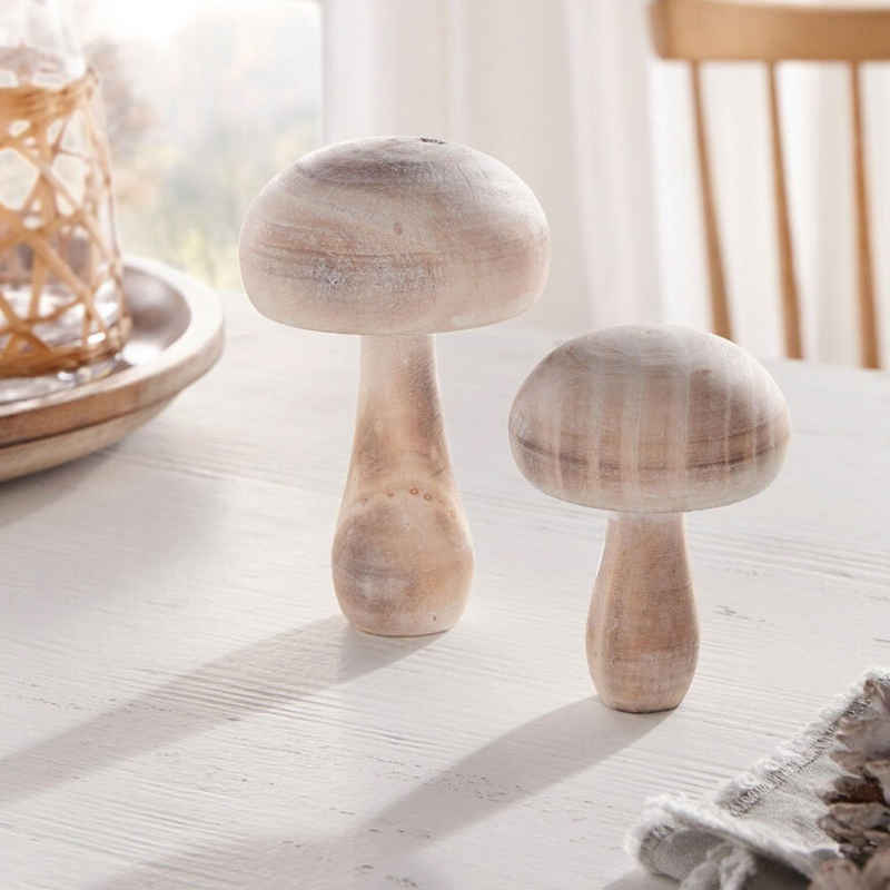 Home-trends24.de Dekofigur Pilz Deko Figur Holzdeko Weiß Pilze Herbst 2er Set