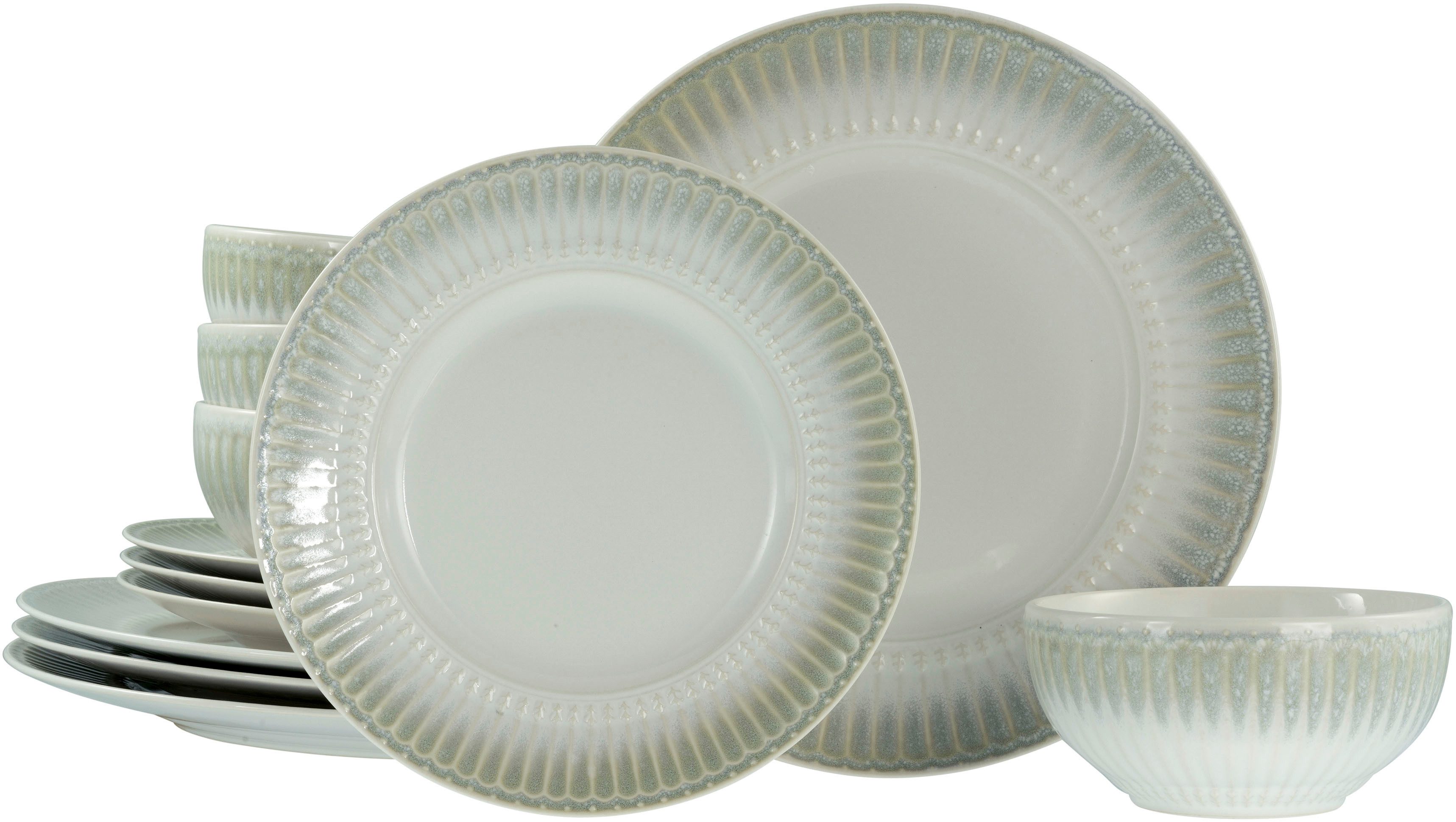 CreaTable Teller-Set Celadon, Tellerset 12-tlg. (12-tlg), 4 Personen, Steinzeug, Elegantes Stabrelief, Farbverlauf