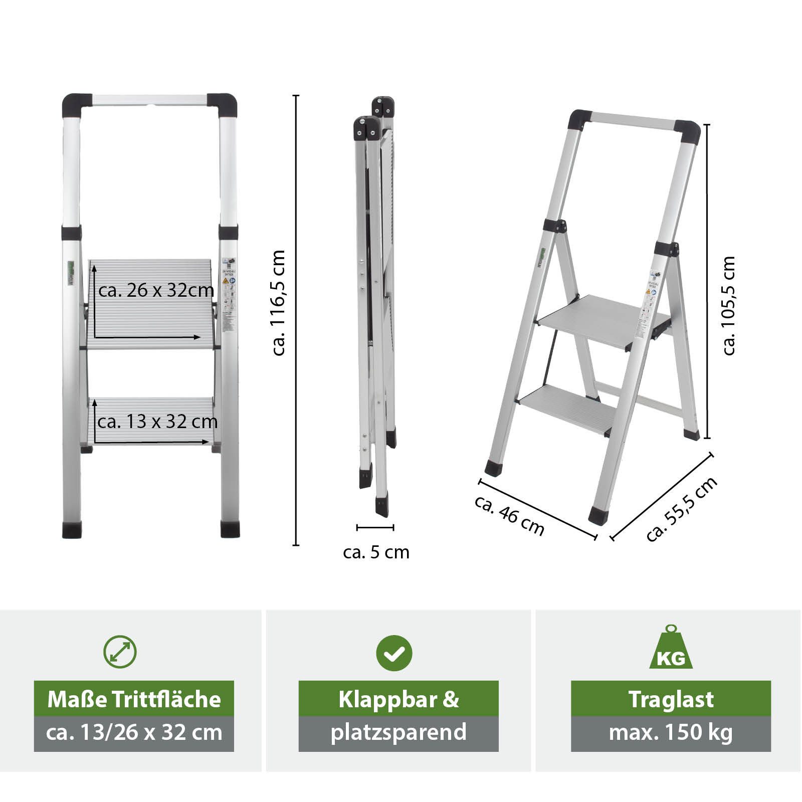 TRUTZHOLM Trittleiter Aluminium 2-stufig silber klappbar mit Handlauf bis 150 kg TÜV GS, Klappbar, platzsparend, leichtgewichtig – Bild 3 von 5