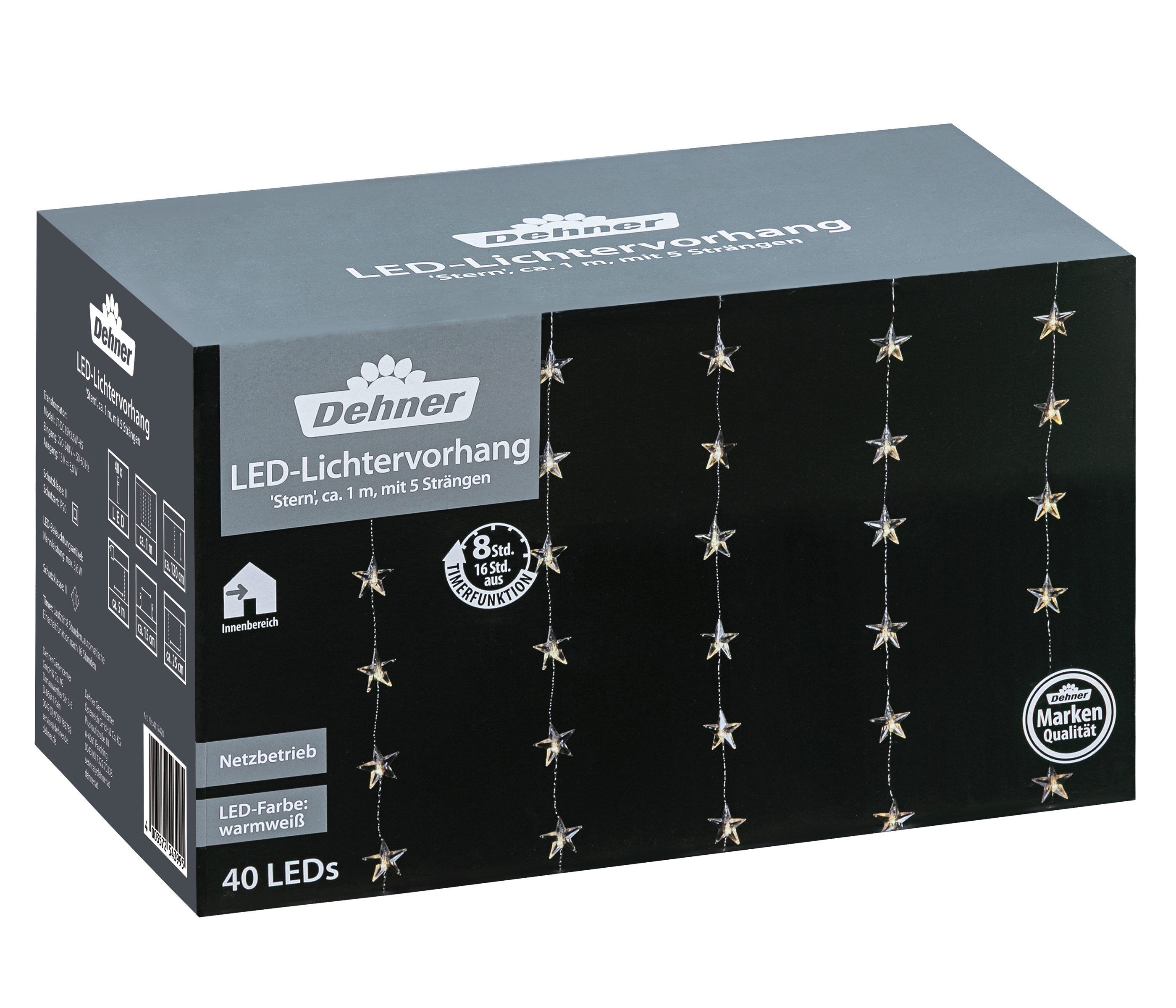 Dehner Lichterkette LED Lichtervorhang Stern, 500 x 100 x 120 cm, Abstand Dioden 15 cm, inkl. Timer, Indoor