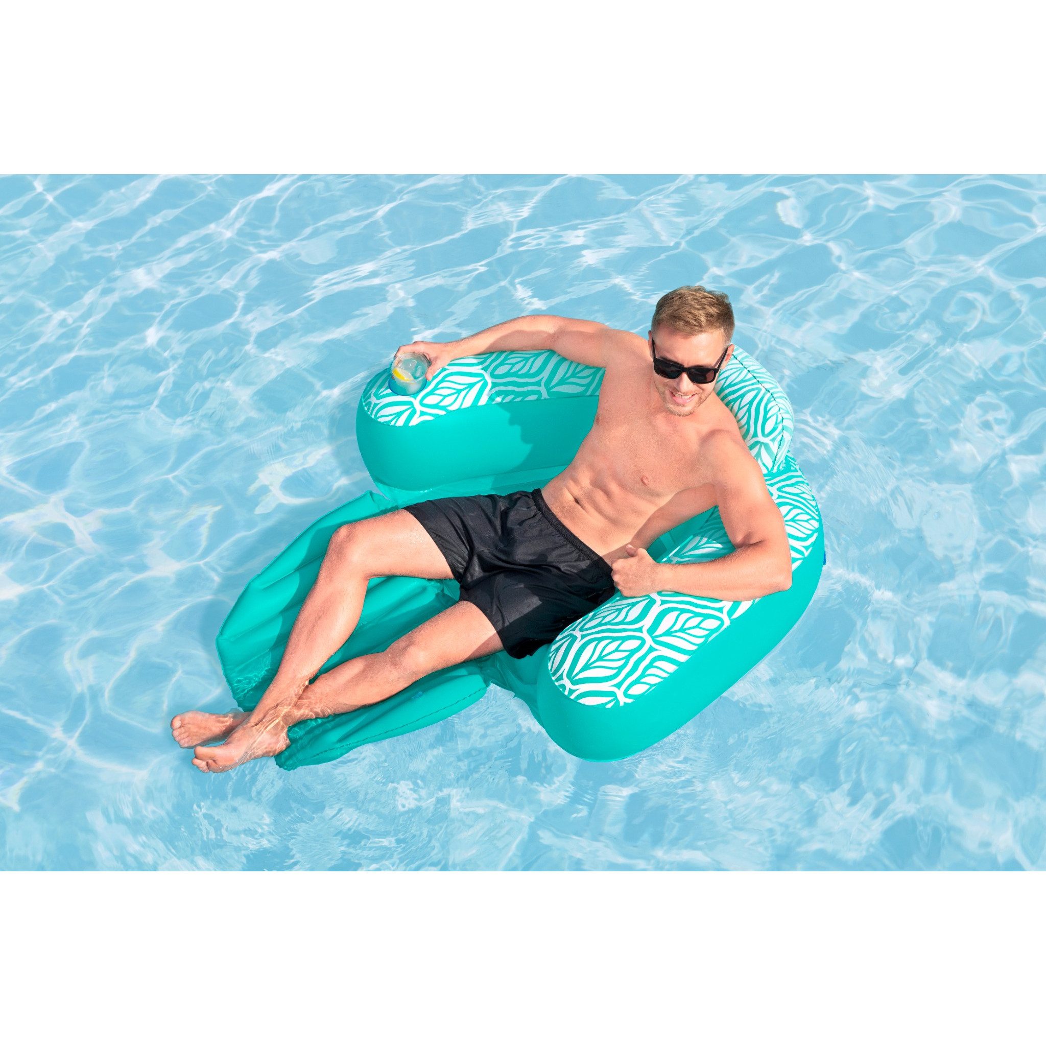 Bestway Schwimmsessel Poolsessel Comfort Plush Deluxe 145x120cm, mit Kopfkissen und Getränkehalter