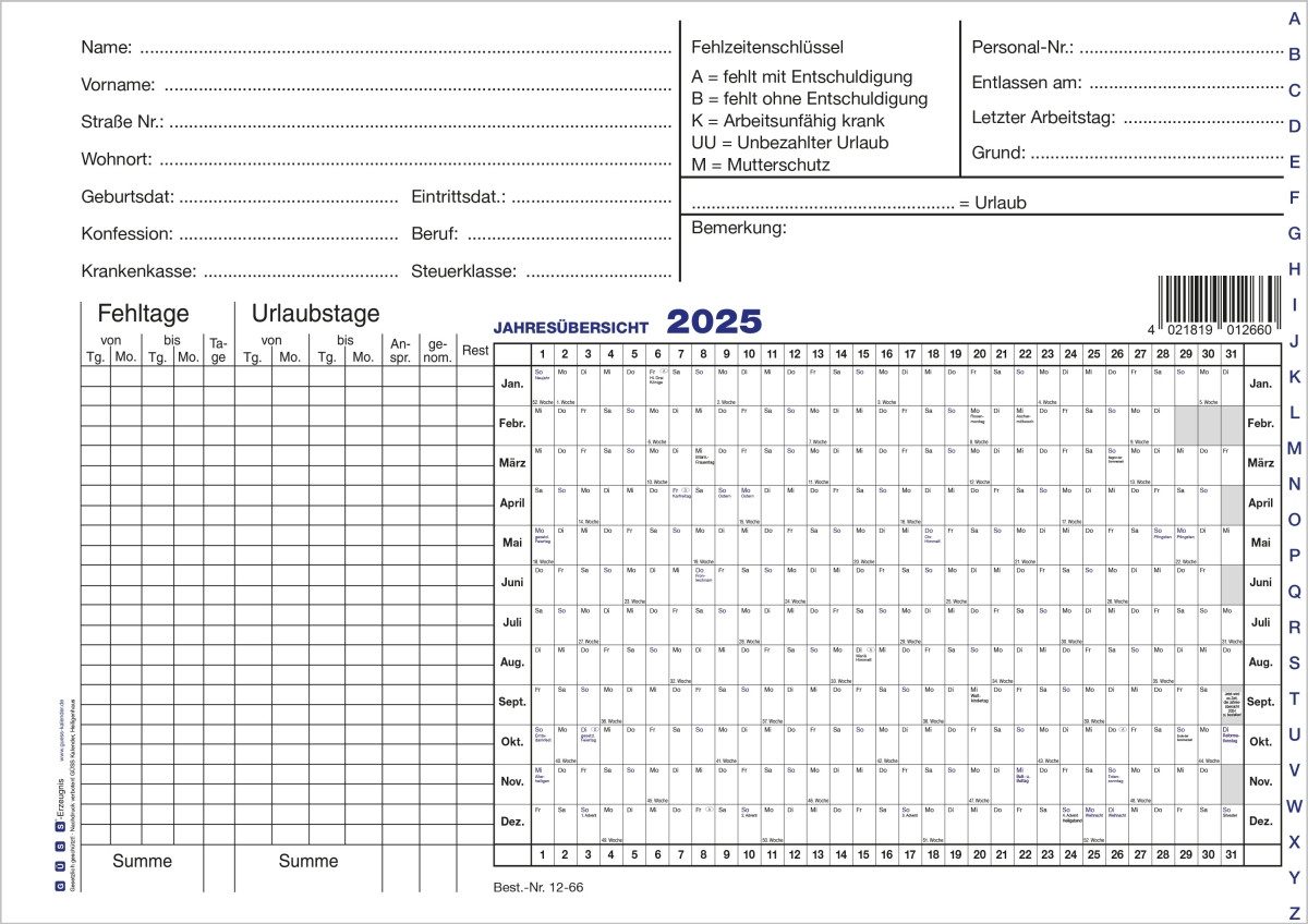 GÜSS Kalender Terminplaner Urlaubs- und Fehltagekarte A5 quer weiß 2027