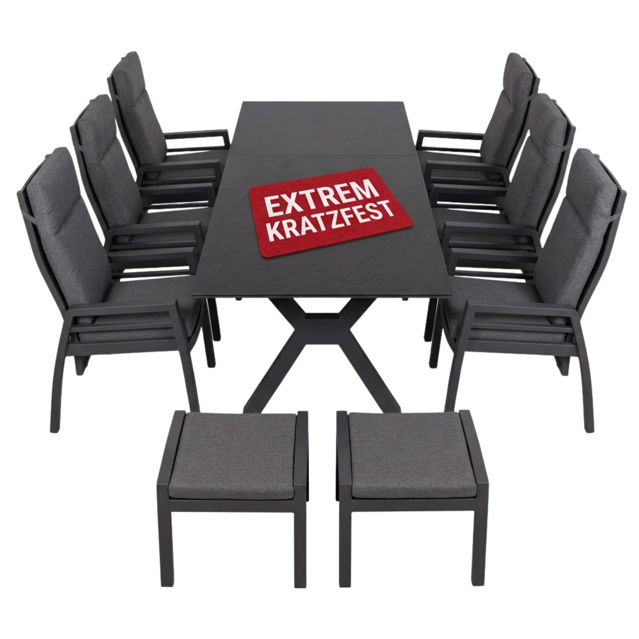 MR.DEKO Garten-Essgruppe Ausziehbarer Tisch Granada 160/210x90cm und Relaxsessel Merida +Hocker, (Essgruppe mit 6 Hochlehnern und 2 Fußhockern), Keramiktisch mit Synchronauszug & Sessel mit Gasdruckfeder verstellbar