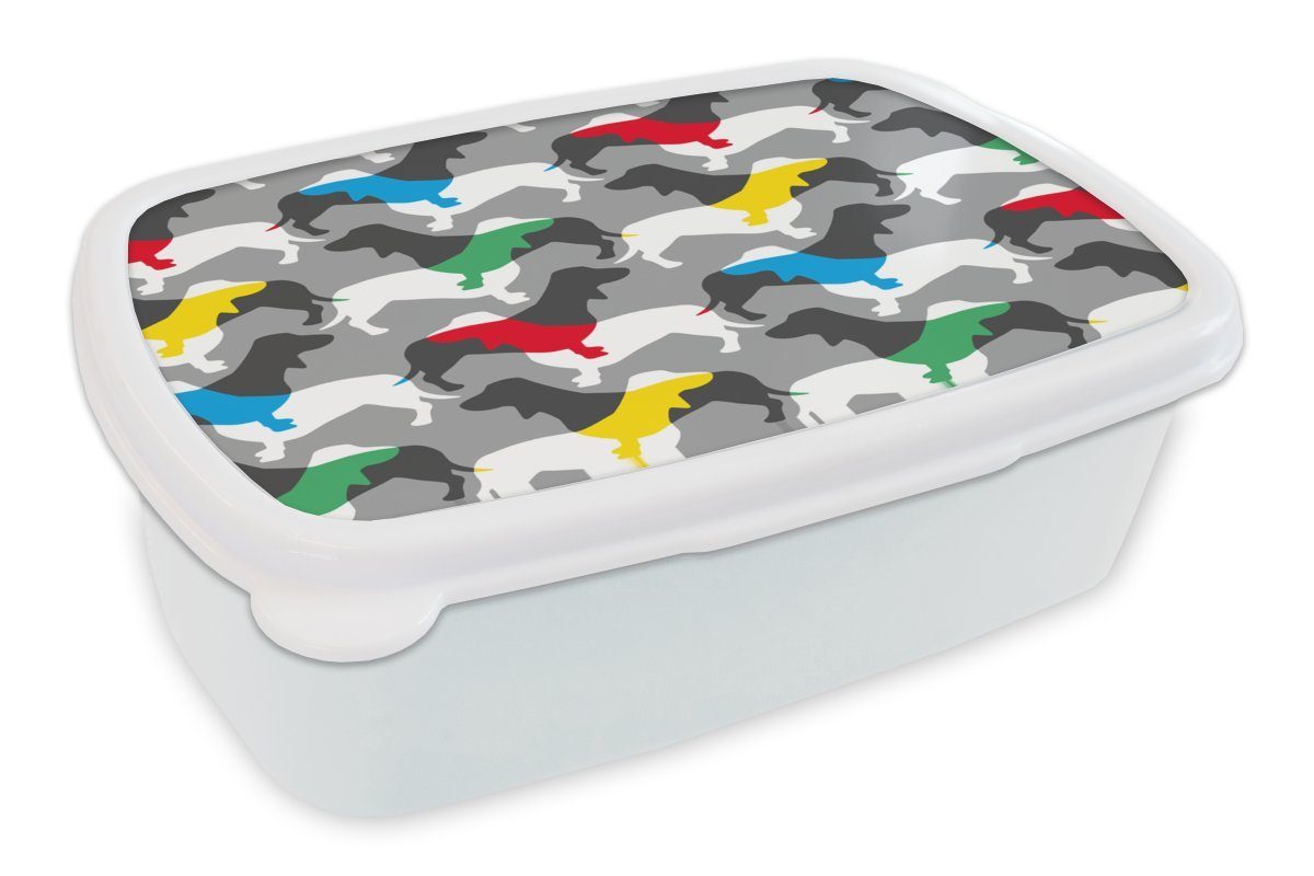 MuchoWow Lunchbox Hunde - Dackel - Muster, Kunststoff, (2-tlg), Brotbox für Kinder und Erwachsene, Brotdose, für Jungs und Mädchen weiß