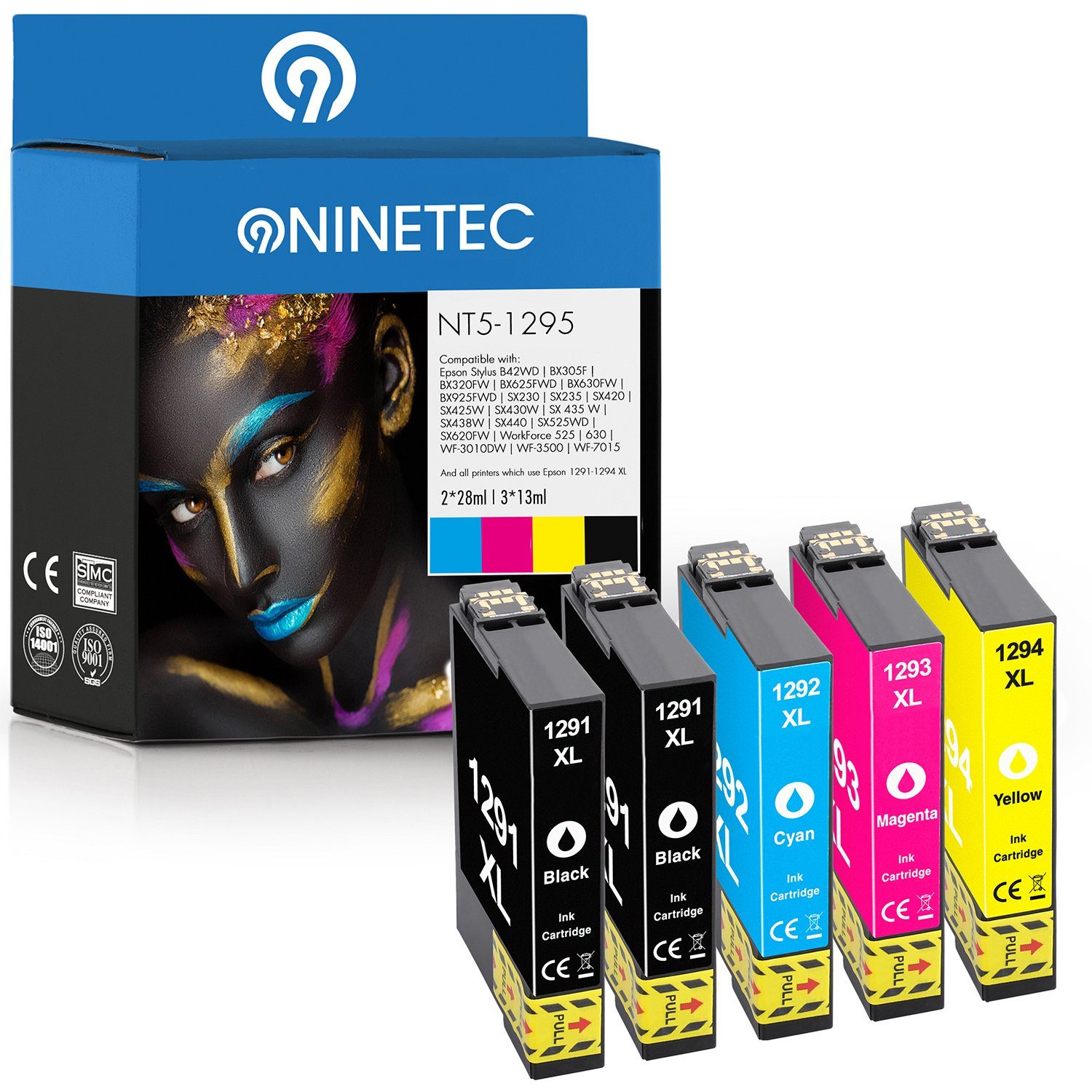 NINETEC 5er Set ersetzt Epson T1291-T1294 Tintenpatrone