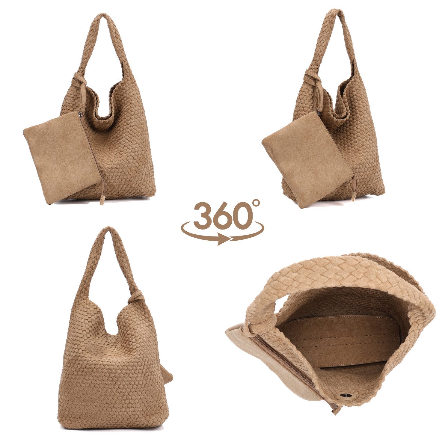 MIRROSI Shopper Damen Schultertasche Handgeflochten Wildleder-Optik (ca.36x14x31cm), große Hobo Bag mit Innentasche