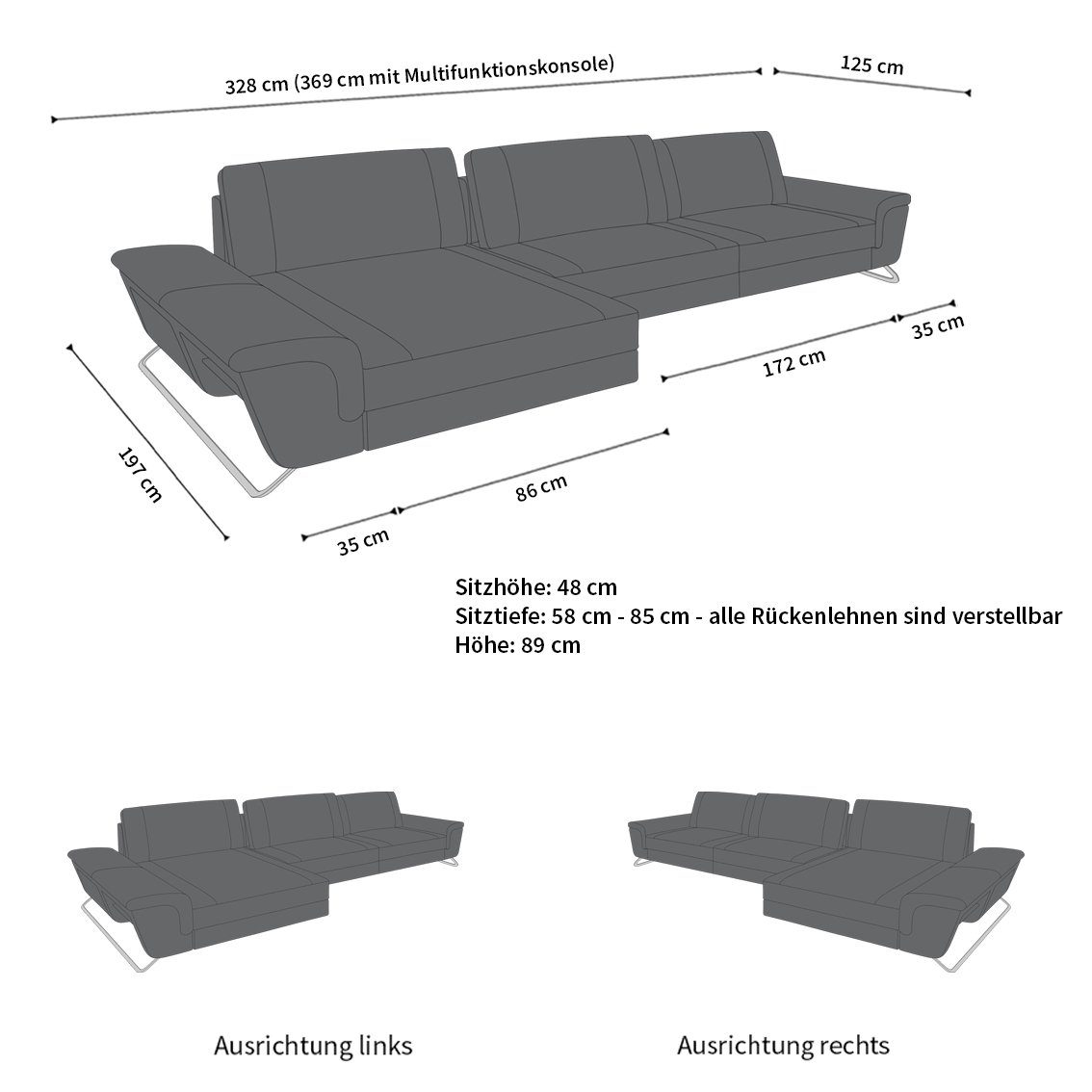 Dreams USB_Anschluss, Couch Ecksofa Designersofa Dunkelbraun-Weiss Sofa Bari Polstersofa mit Stoffsofa, Stauraum, Form LED, Stauraum, Stoff C72 L