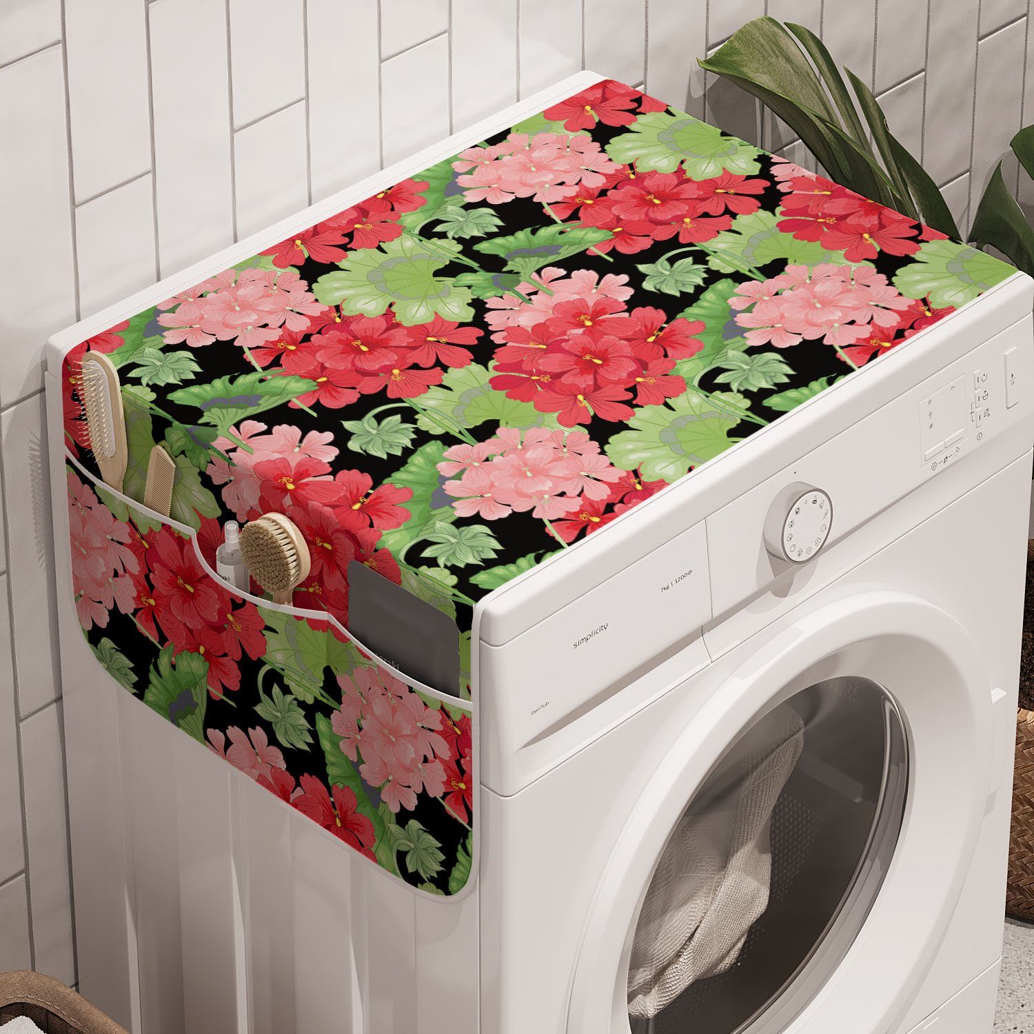 Abakuhaus Badorganizer Anti-Rutsch-Stoffabdeckung für Waschmaschine und Trockner, Pelargonien Victorian Flowers Leaves