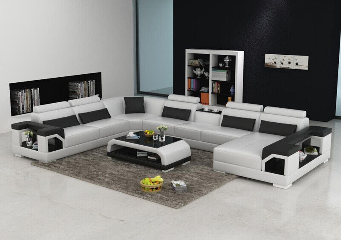 Moderne Weiß/Schwarz Eck Ecksofa Couchen Leder Teile Sitz JVmoebel Wohnlandschaft+Tisch+USB, Sofa 2 Couch