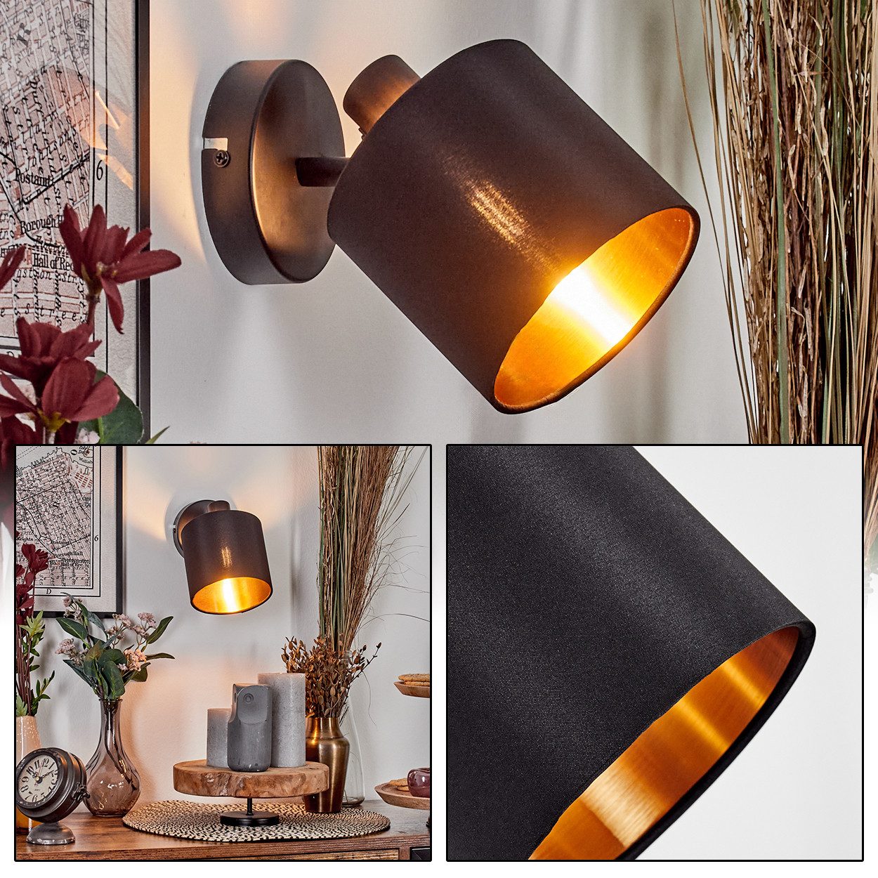 hofstein Wandleuchte Wandlampe aus Metall/Stoff in Schwarz/Kupfer, ohne Leuchtmittel, verstellbare Wandleuchte im modernen Design mit Stoffschirm, E14