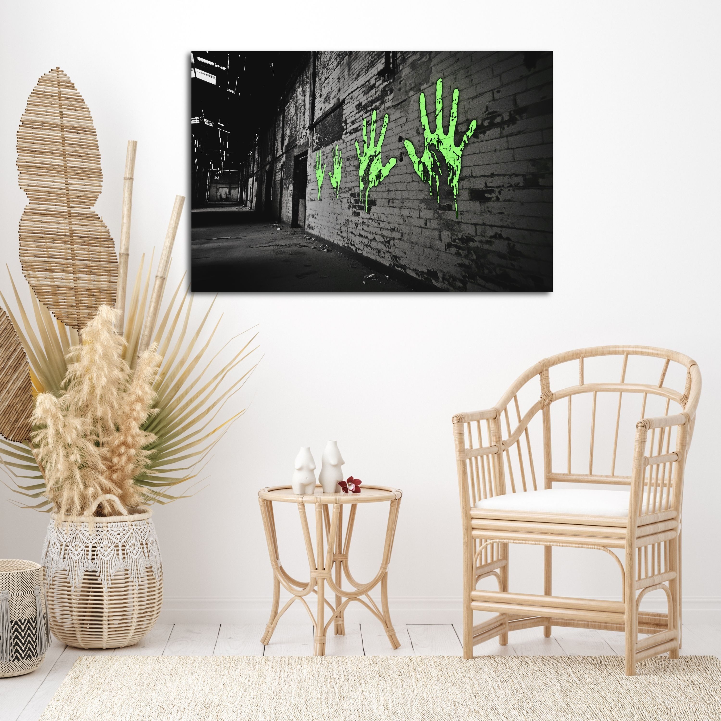 DARO Design Leinwandbild Modern Abstrakt Wandbilder XXL Wandbild Wand Deko Leinwand Bilder, (grüne Handabdrücke - Bild Groß Wohnzimmer Schlafzimmer Küche Esszimmer Einteilig Querformat Fotodruck Leinwände Wanddeko Abstrakte Kunst Boho), 30x20cm