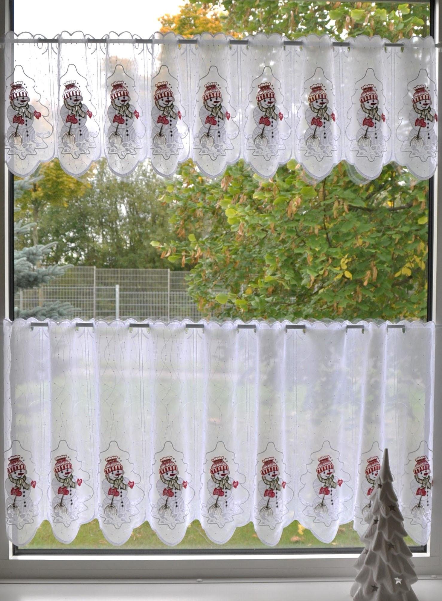Stickereien Plauen Scheibengardine Schneemann (1 St), Stangendurchzug, transparent, Voile – Bild 3 von 5