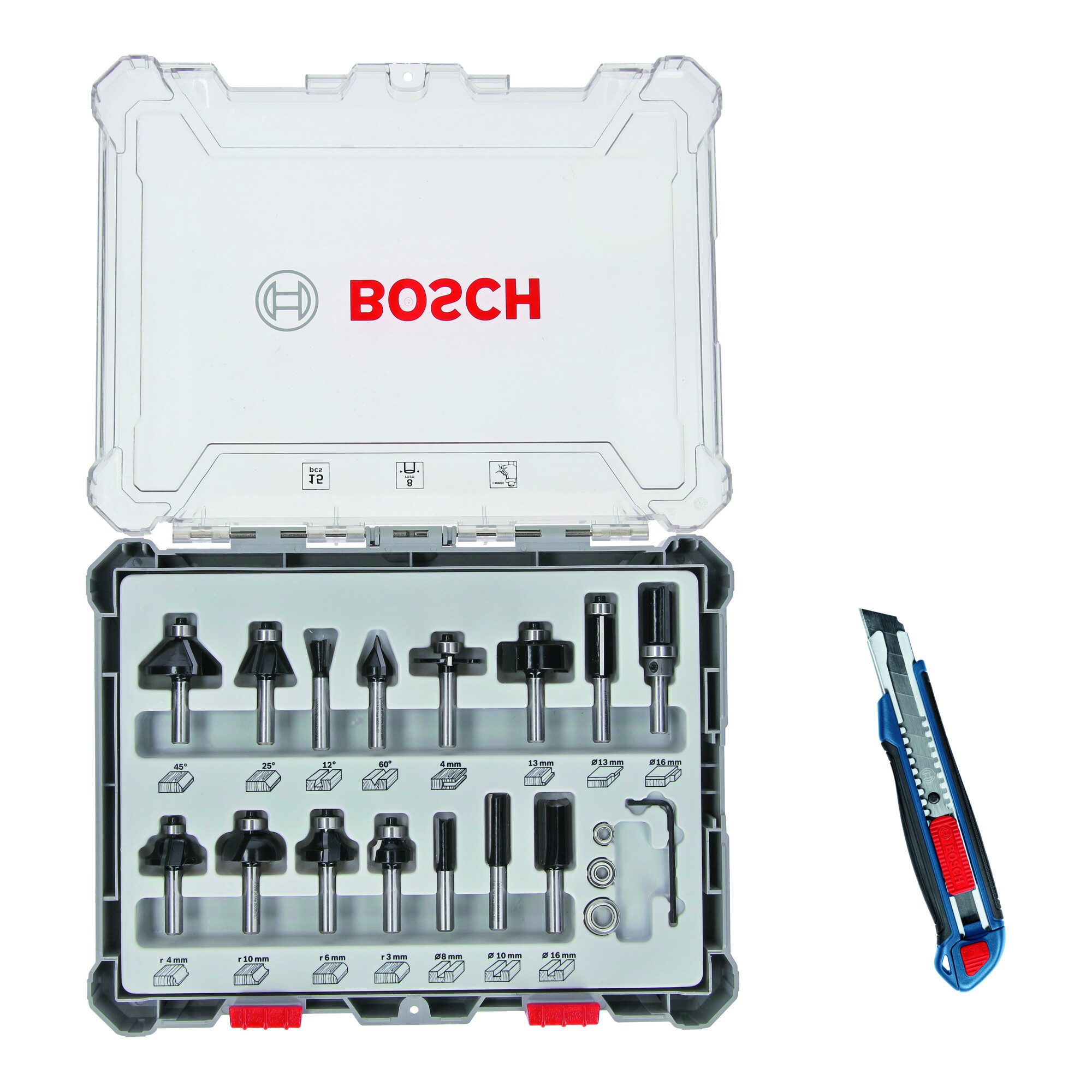 Bosch Professional Fräser-Set Bosch Fräser-Set, 15-teilig, inklusive gratis Cuttermesser
