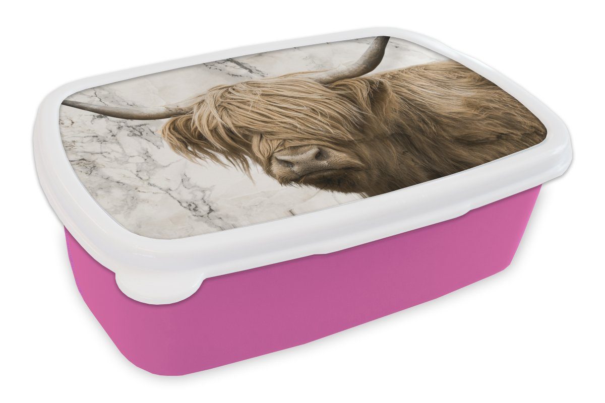 MuchoWow Lunchbox Schottischer Highlander - Marmor - Tiere, Kunststoff, (2-tlg), Brotbox für Erwachsene, Brotdose Kinder, Snackbox, Mädchen, Kunststoff rosa