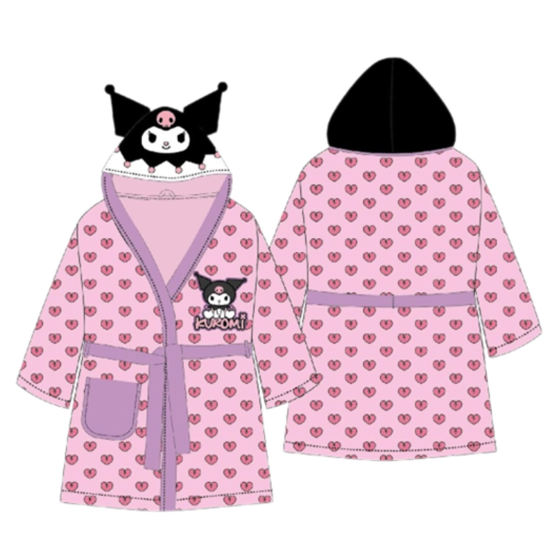 Hello Kitty Kinderbademantel Kuromi Bademantel, Kapuze, Gürtel, mit Kapuze Gürtel & Tasche