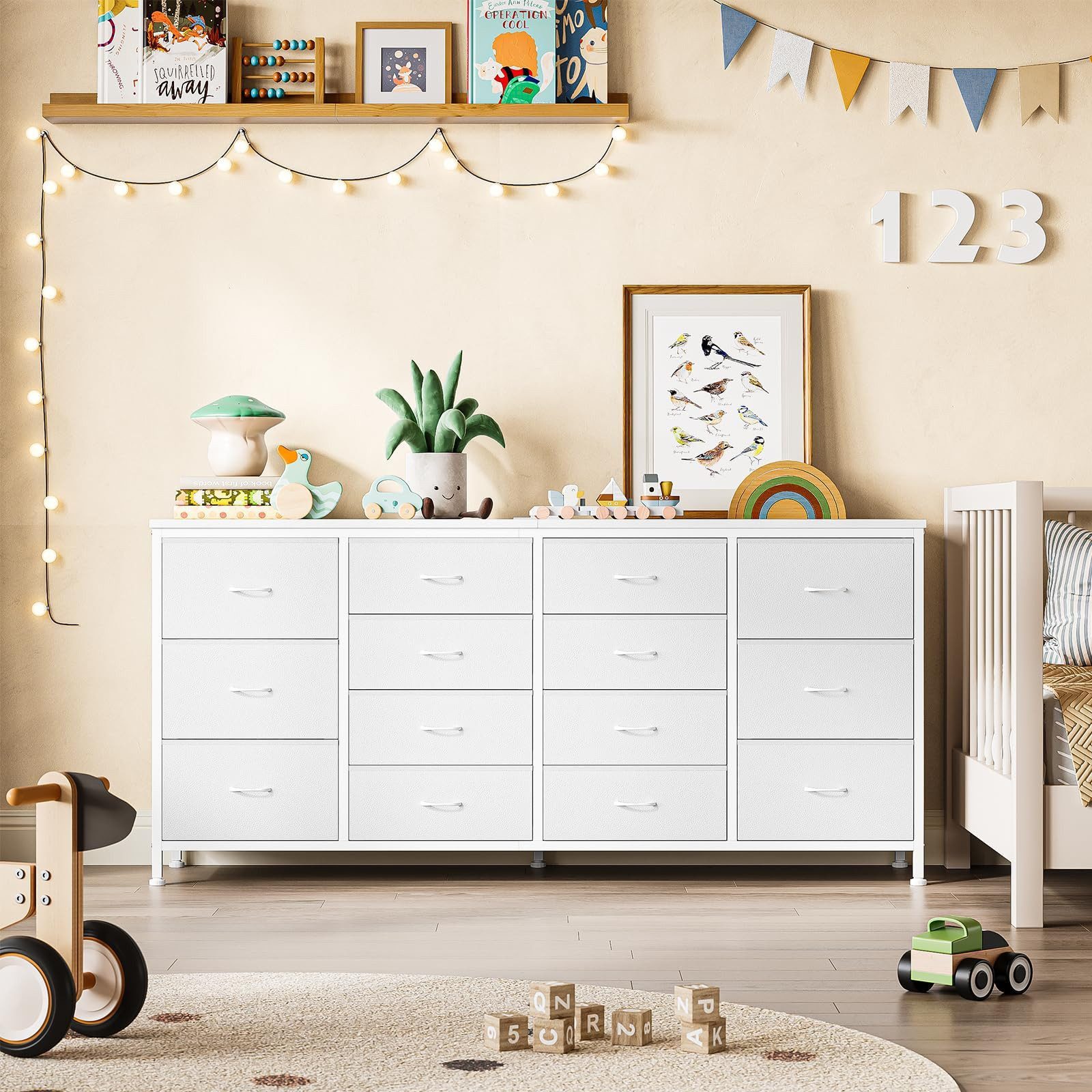 GarveeMore TV-Bank 160cm TV-Schrank mit 14 Schubladen, Steckdosen Holzmaserung