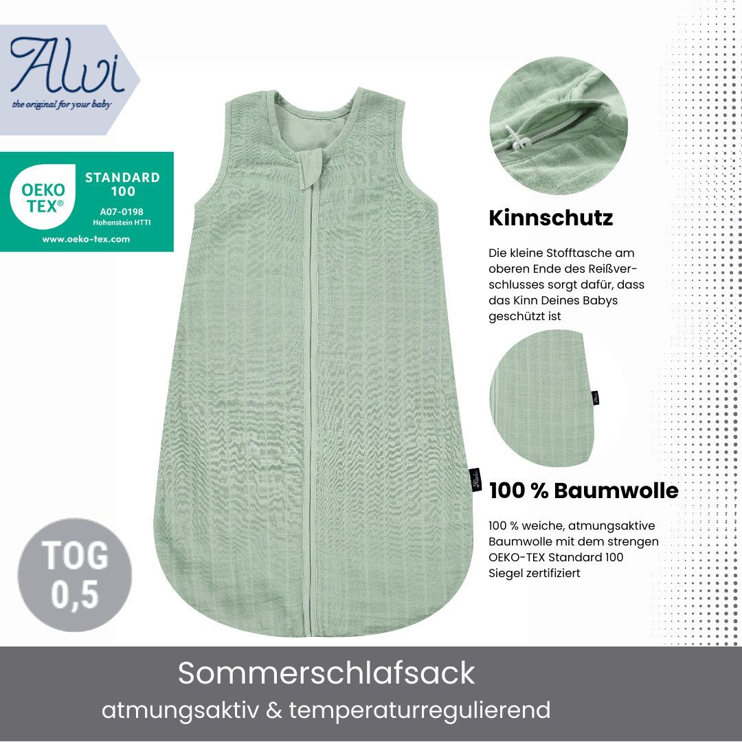 Kinderhaus Blaubaer Babyschlafsack Mull-Schlafsack TOP, atmungsaktives Material aus 100% Baumwolle, Verdeckter Reißverschluss