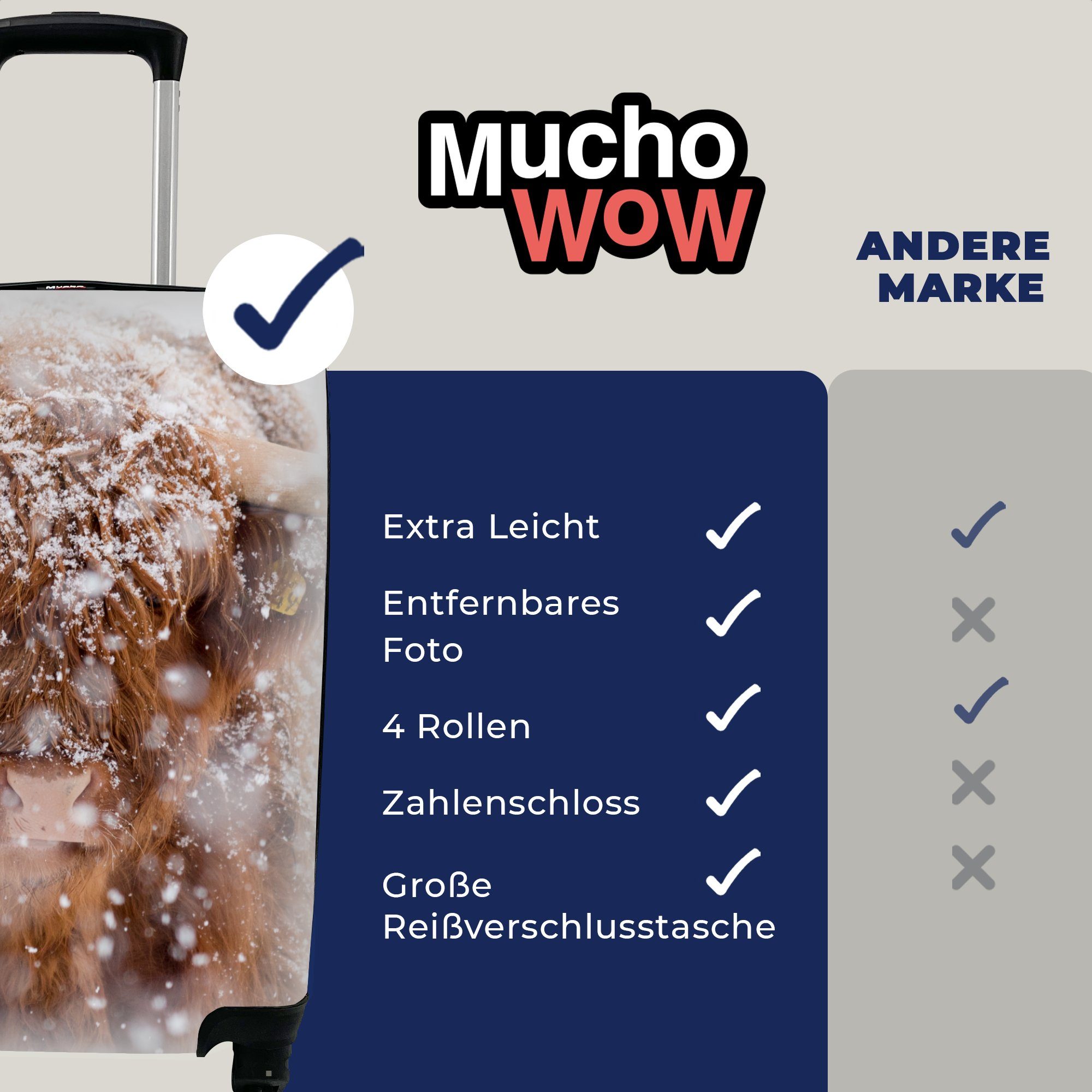 MuchoWow Handgepäckkoffer Schottischer Highlander - Reisekoffer Ferien, 4 Rollen, - mit Schnee, für Hörner Handgepäck Reisetasche rollen, Trolley