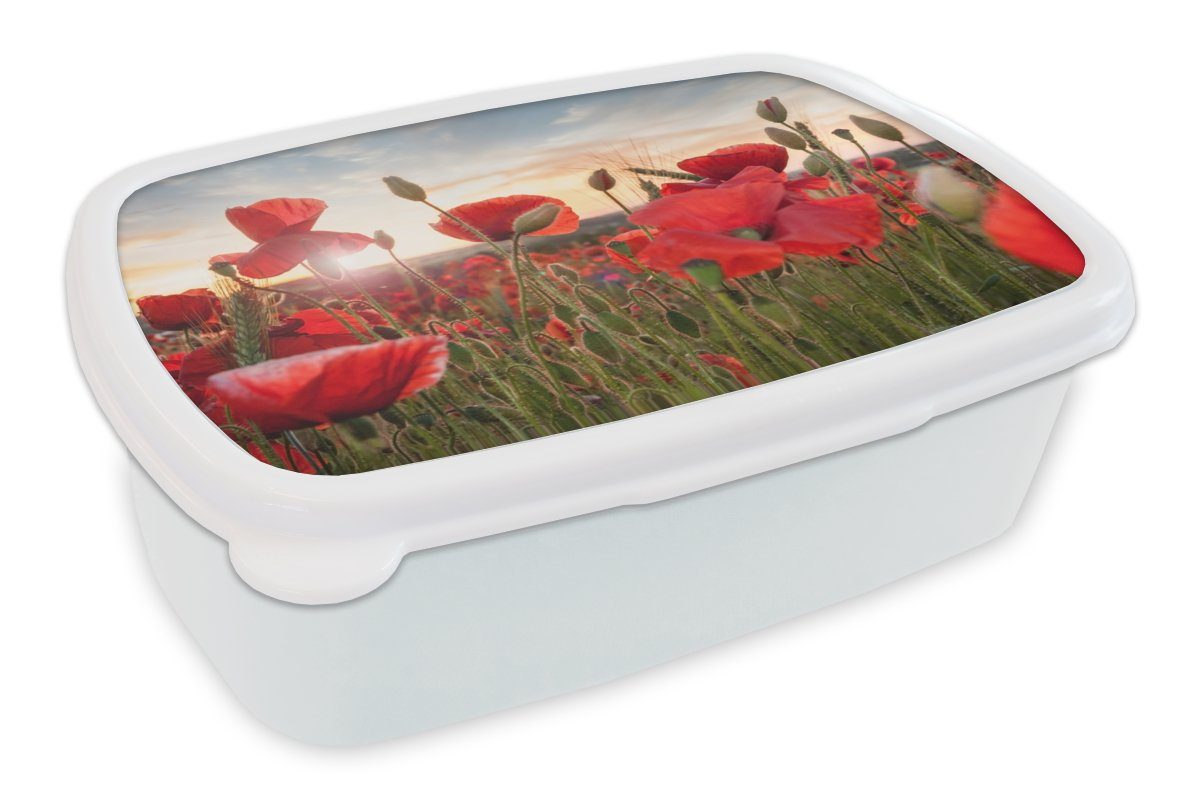 MuchoWow Lunchbox Sonnenuntergang hinter den schönen Mohnblumen, Kunststoff, (2-tlg), Brotbox für Kinder und Erwachsene, Brotdose, für Jungs und Mädchen weiß