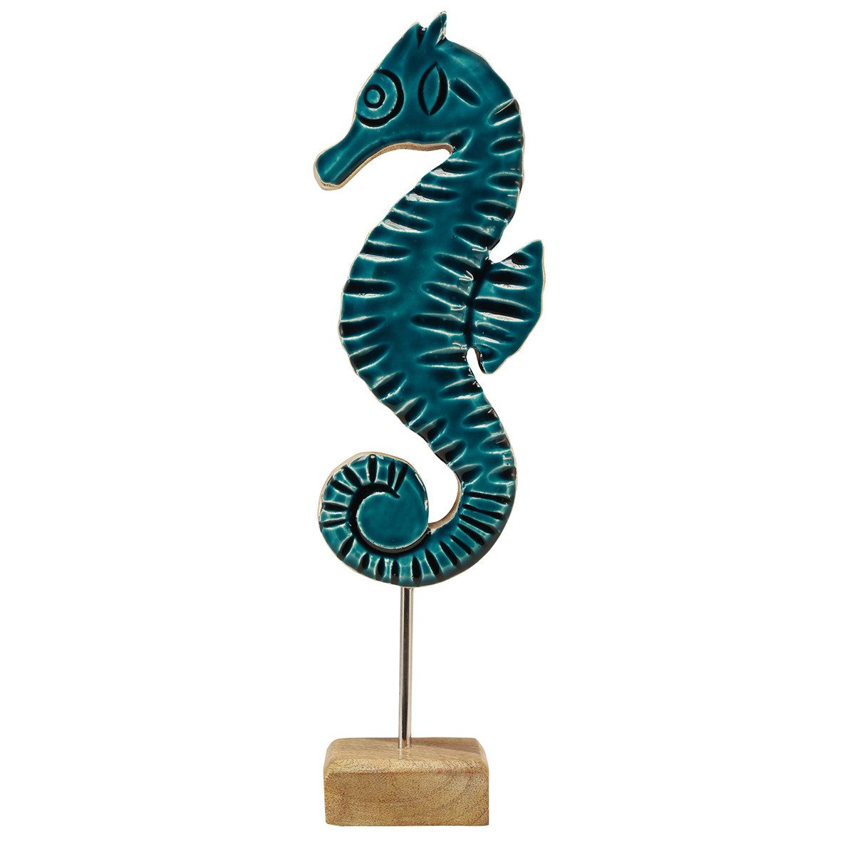 Dekofigur Maritime Deko Seepferdchen auf Mangoholz Ständer Türkis 29cm -