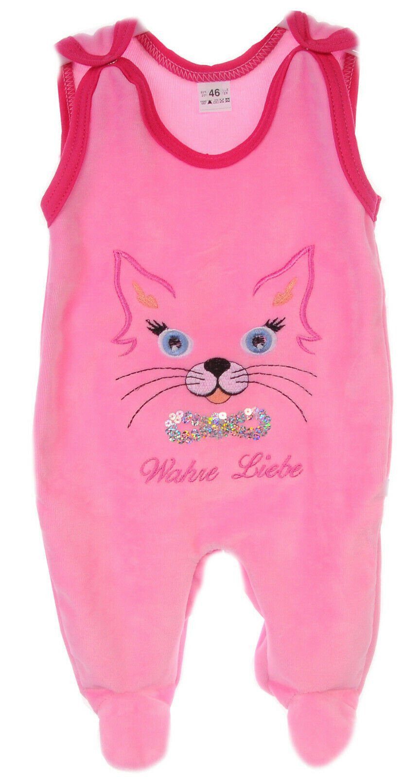 La Bortini Strampler Baby Einteiler aus Velours in Rosa mit Katze kuschelig weich, 50 56 62 68 74