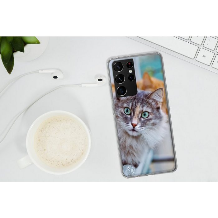 MuchoWow Handyhülle Katze - Fenster - Katzen Phone Case Handyhülle Samsung Galaxy S21 Ultra Silikon Schutzhülle