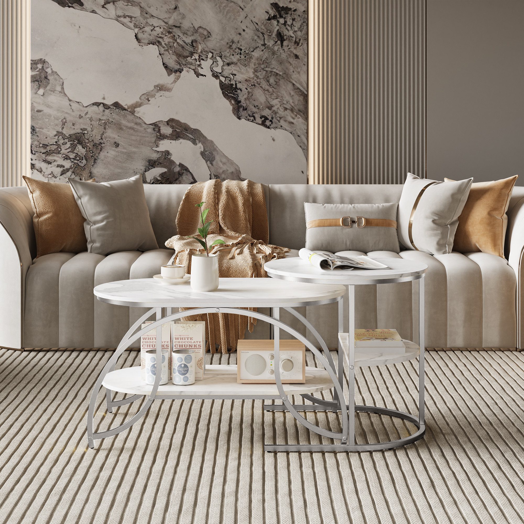 BELUPAI Couchtisch 2er Set, Wohnzimmertisch oval und rund, modern Satztisch, Beistelltisch mit Marmormuster,Silber Metallgestell,Weißes Paneel