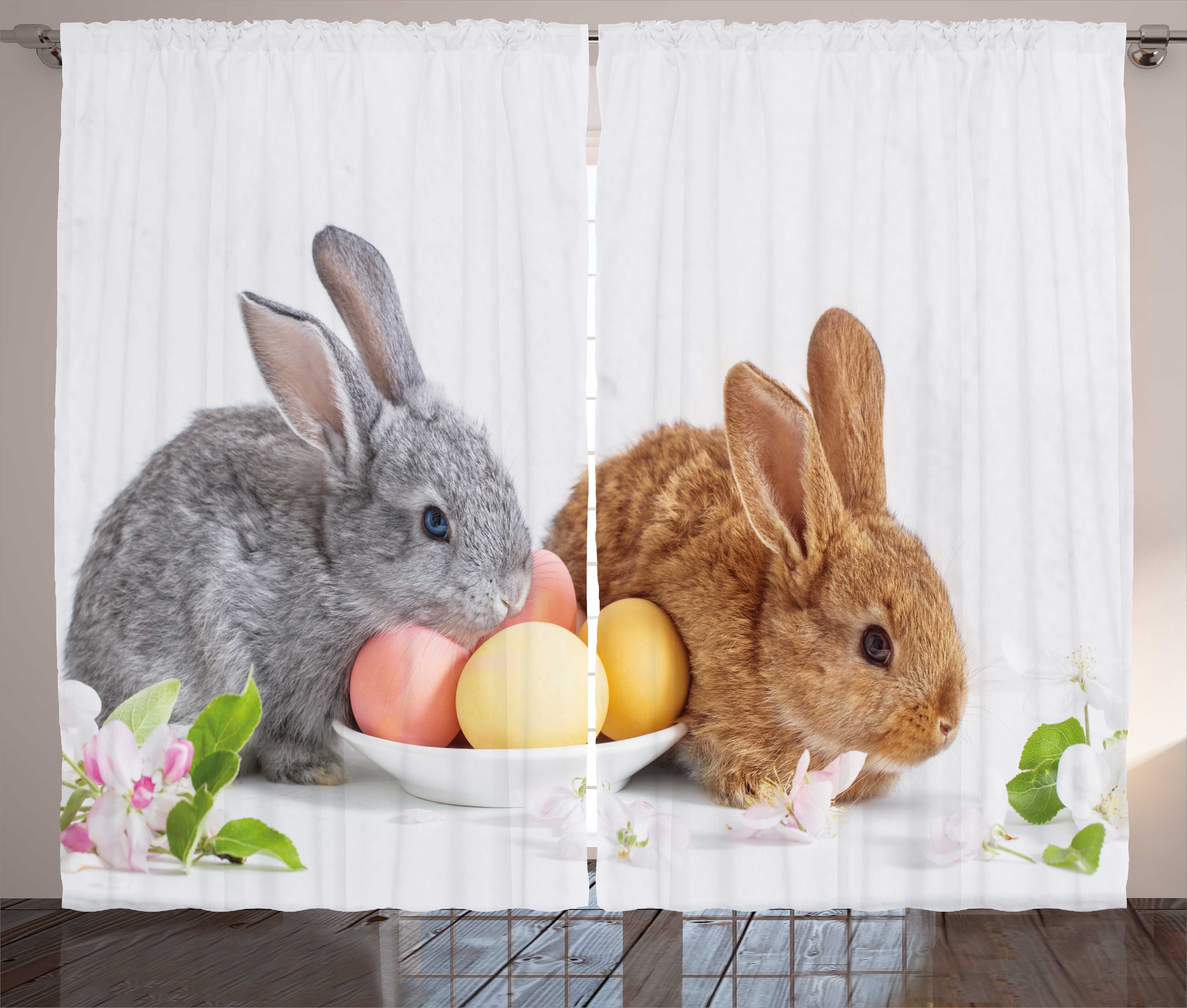 Gardine Schlafzimmer Kräuselband Vorhang mit Schlaufen und Haken, Abakuhaus, Osterhase 2 Kaninchen, die mit Eiern