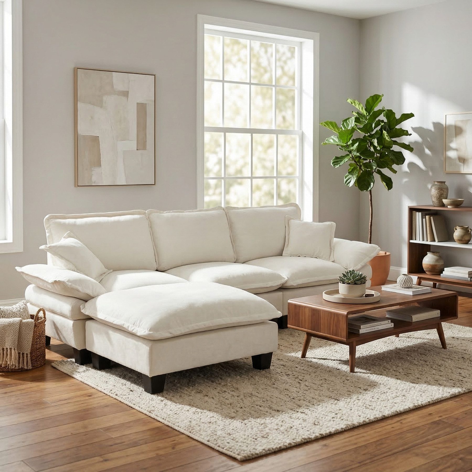 Odikalo Loungesofa Ecksofa Sofas wohnzimmer mit Schlaffunktion Fußhocker & Kissen, Modulares Ecksofa L-förmige Cloud-Couch mit Segelboot-Design inklusive 1 beweglichem Ottomane & 2 weichen Kissen komfortabler Chenille-Bezug für Wohnzimmer & Apartments