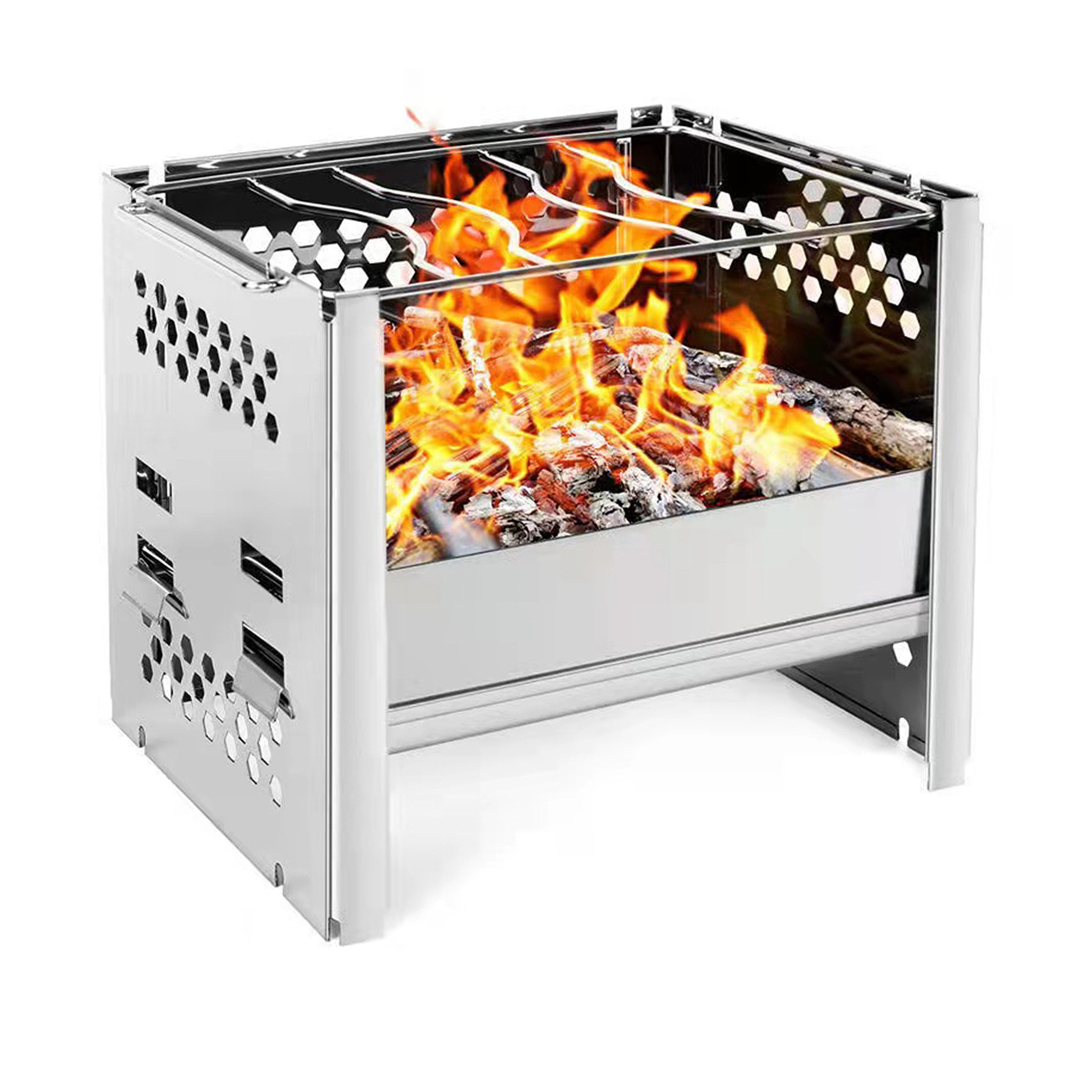 Grafner Holzkohlegrill Campinggrill Edelstahl Hobo Outdoor Holz-Ofen Campingkocher faltbar, Maße aufgebaut ca. 15 x 19 x 18 cm